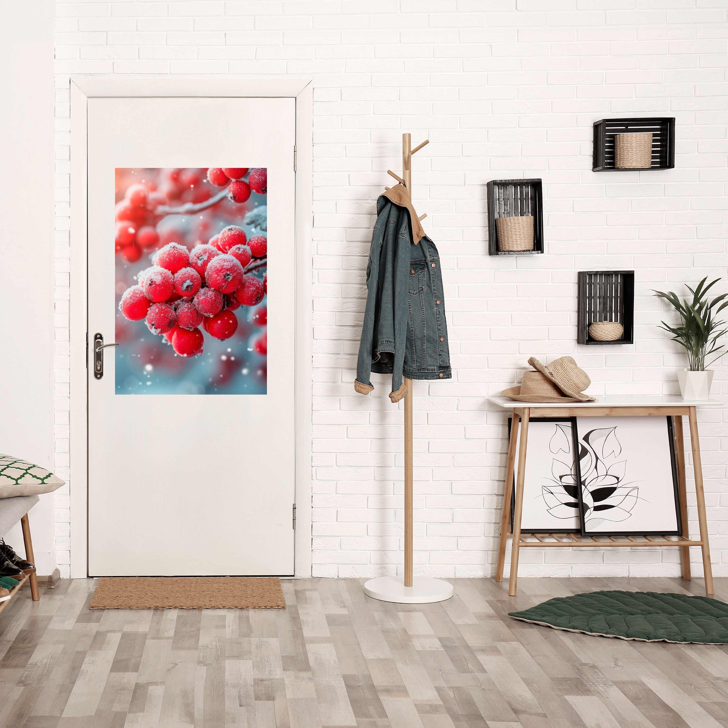 Affiche verticale autocollante « Trésors cramoisis de l'hiver »