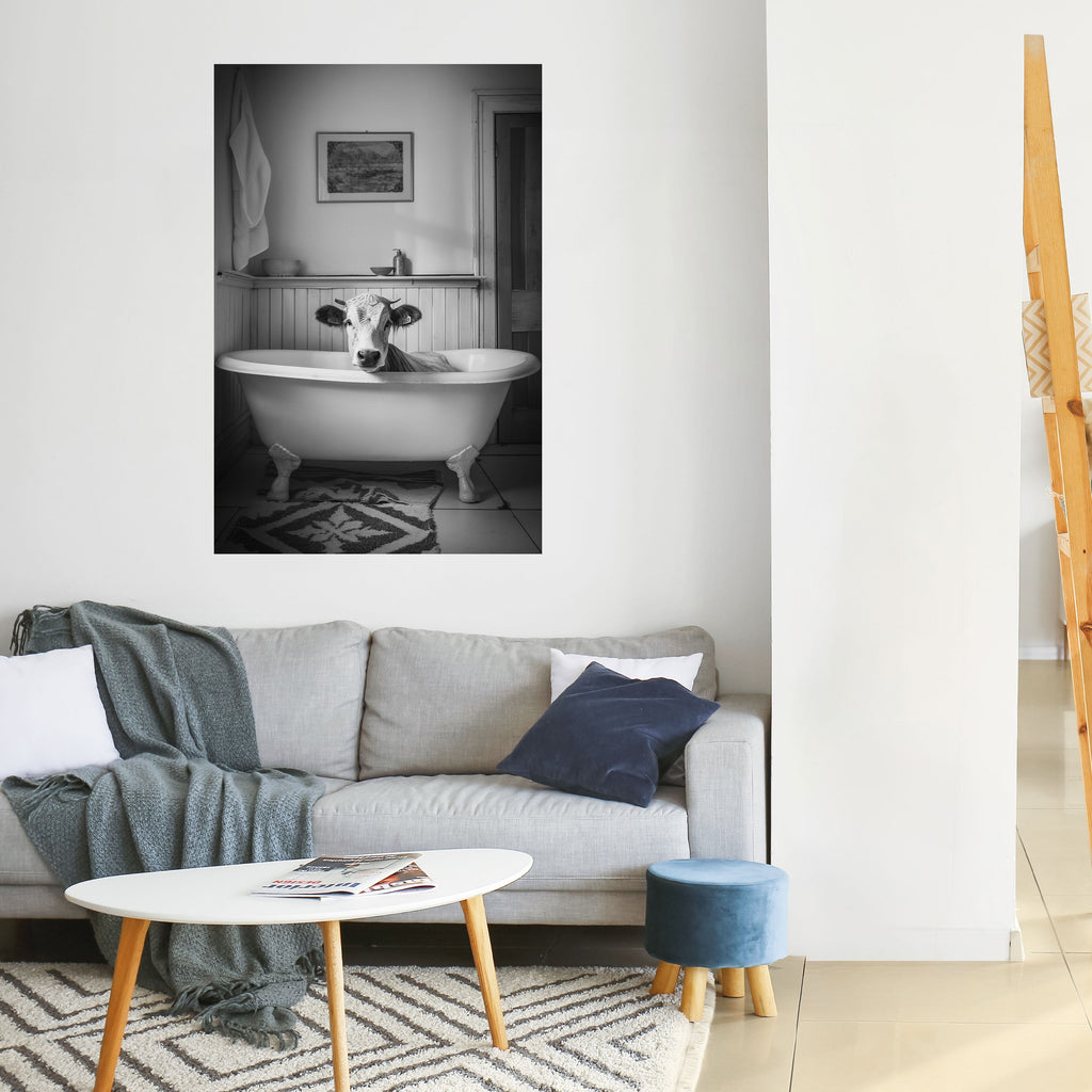 Affiche verticale autocollante représentant une vache en détente