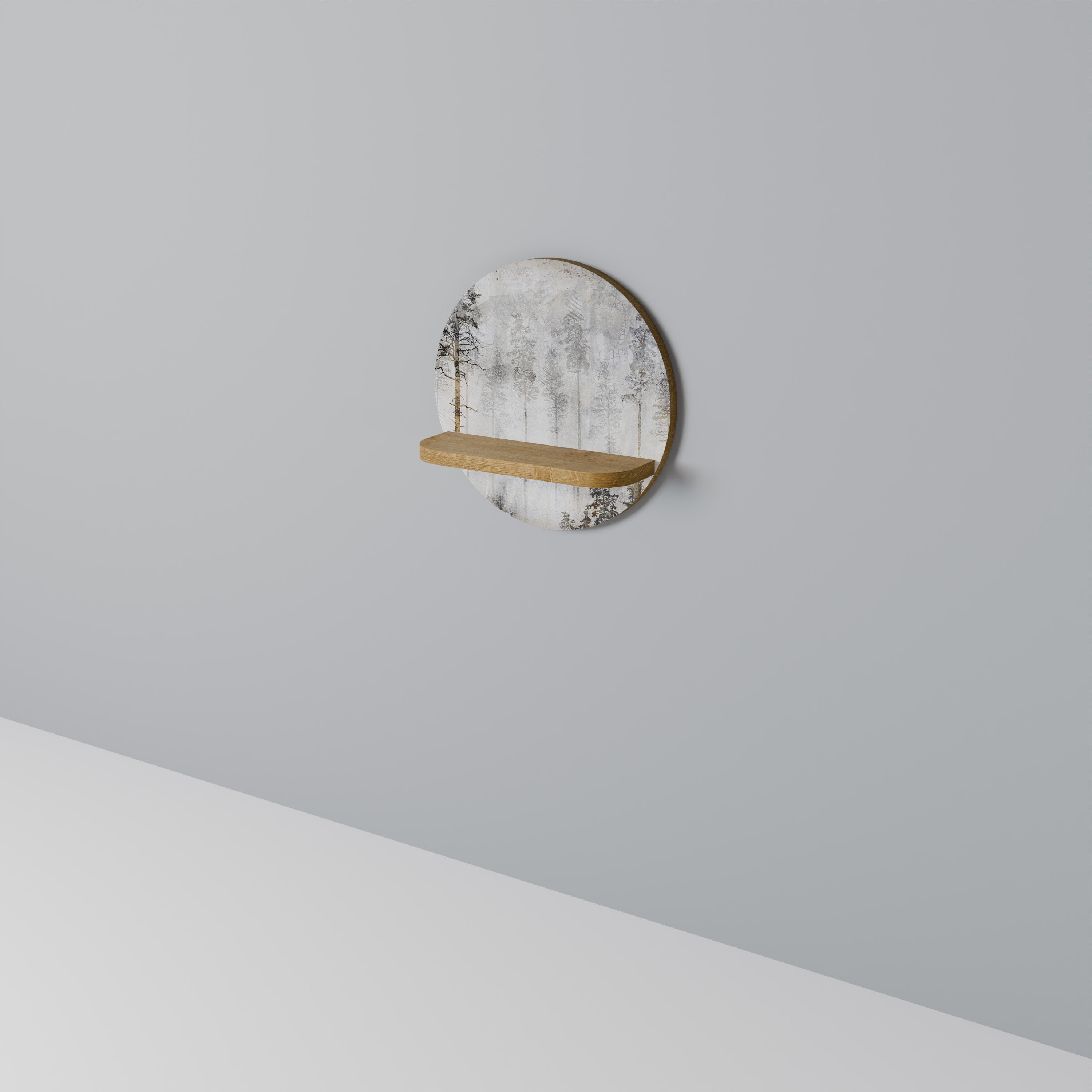 FADE IN THE TREES Round Art Shelf In Oak Effect