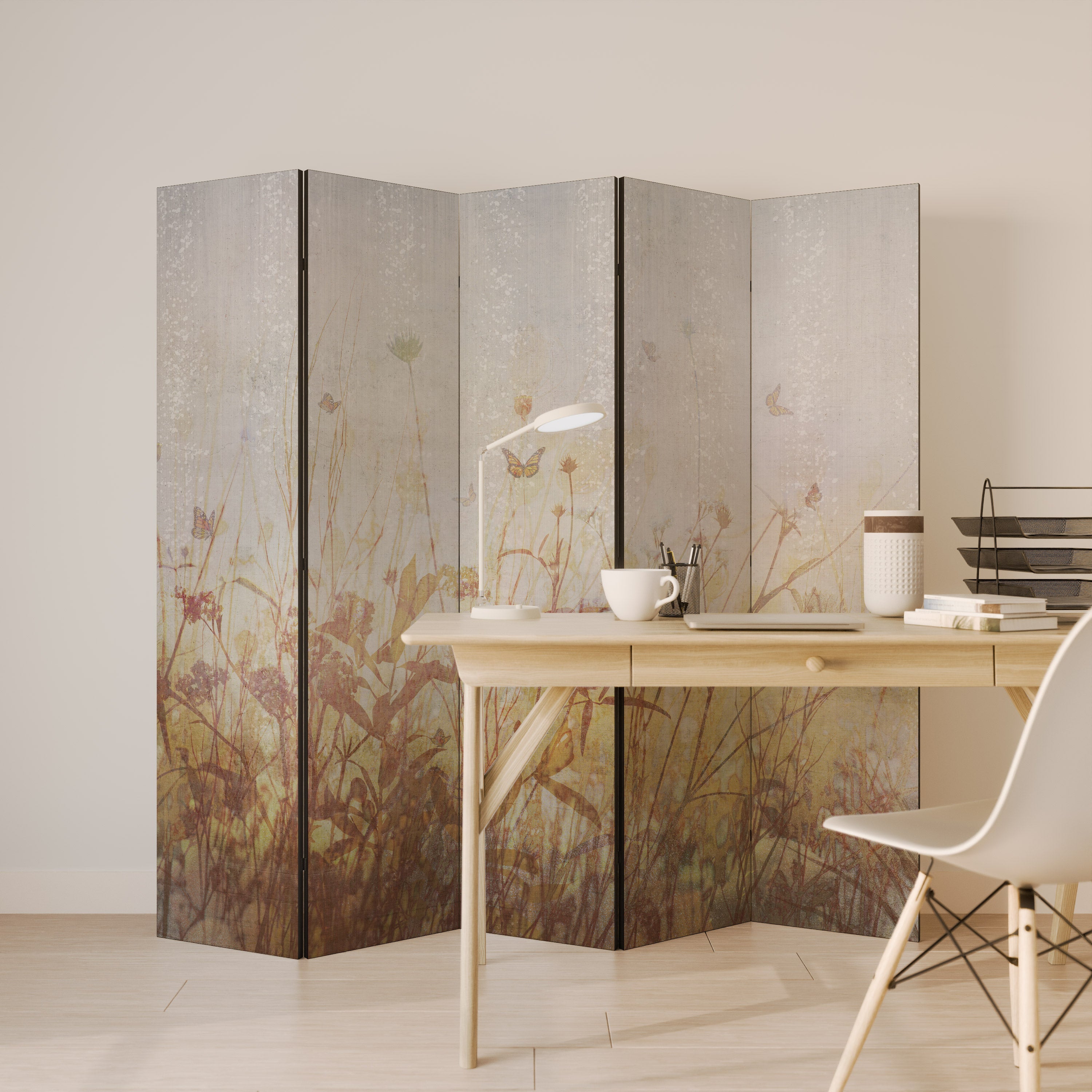 Paravent décoratif à 5 panneaux Motif papillons des prés