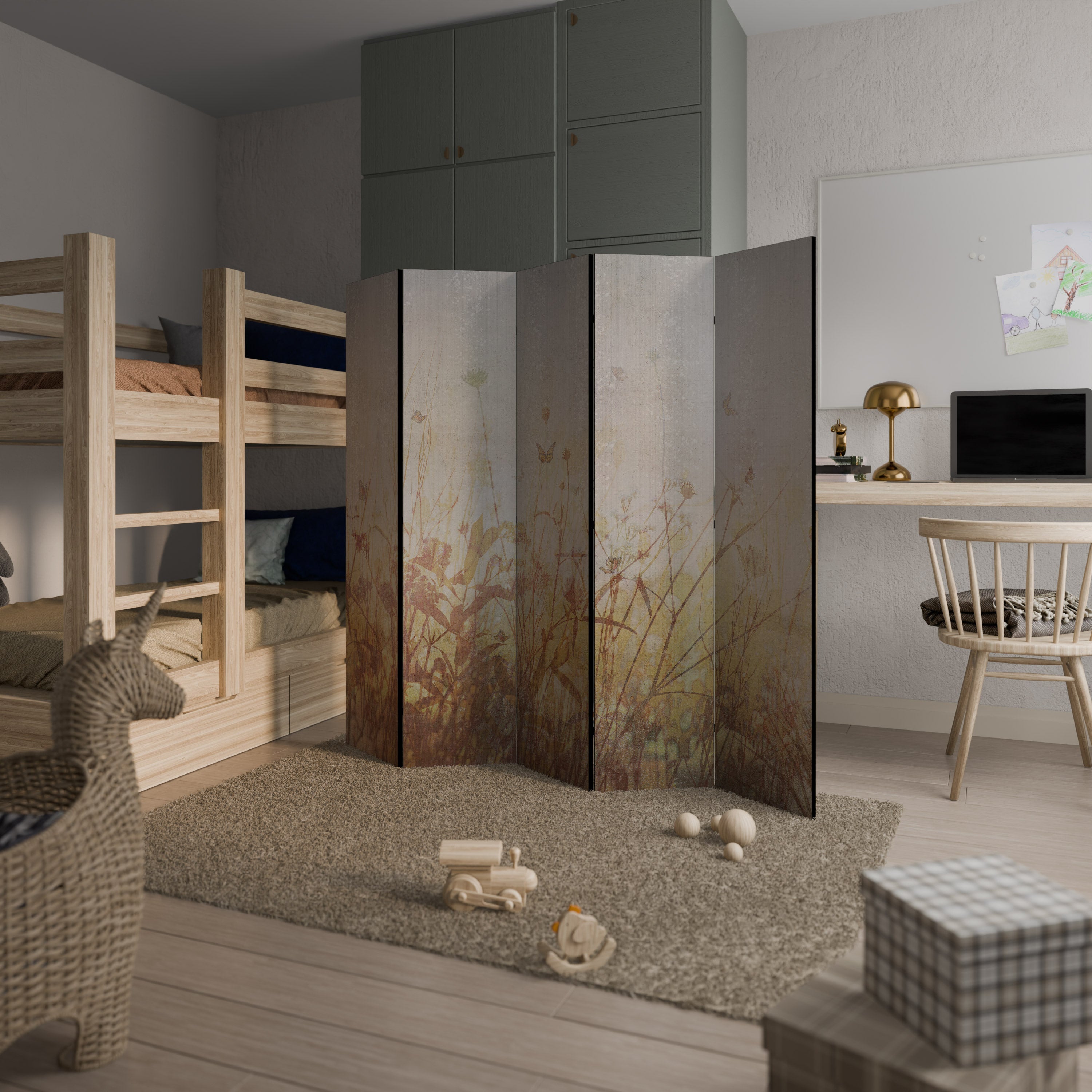 Paravent décoratif à 5 panneaux Motif papillons des prés