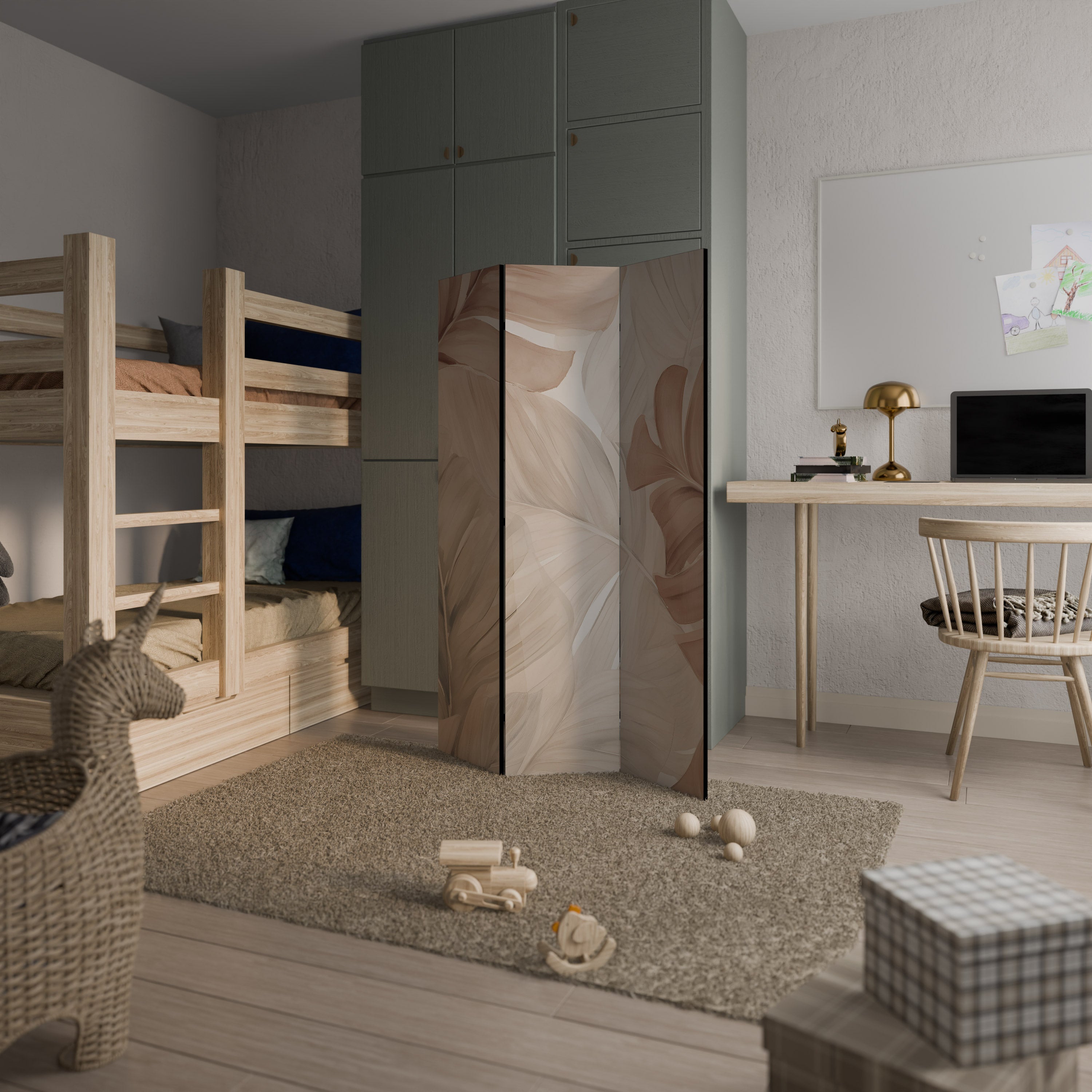 Cloison décorative à 3 panneaux, tons doux de feuillage