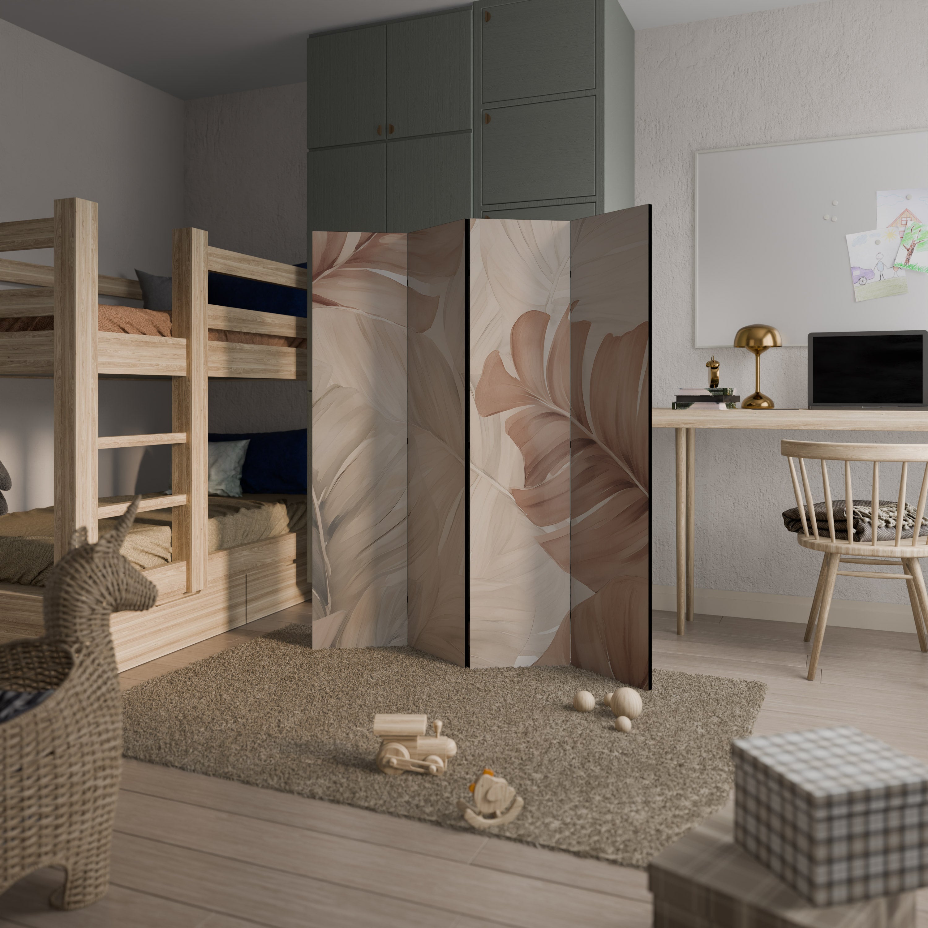 Cloison décorative à 4 panneaux, tons doux de feuillage