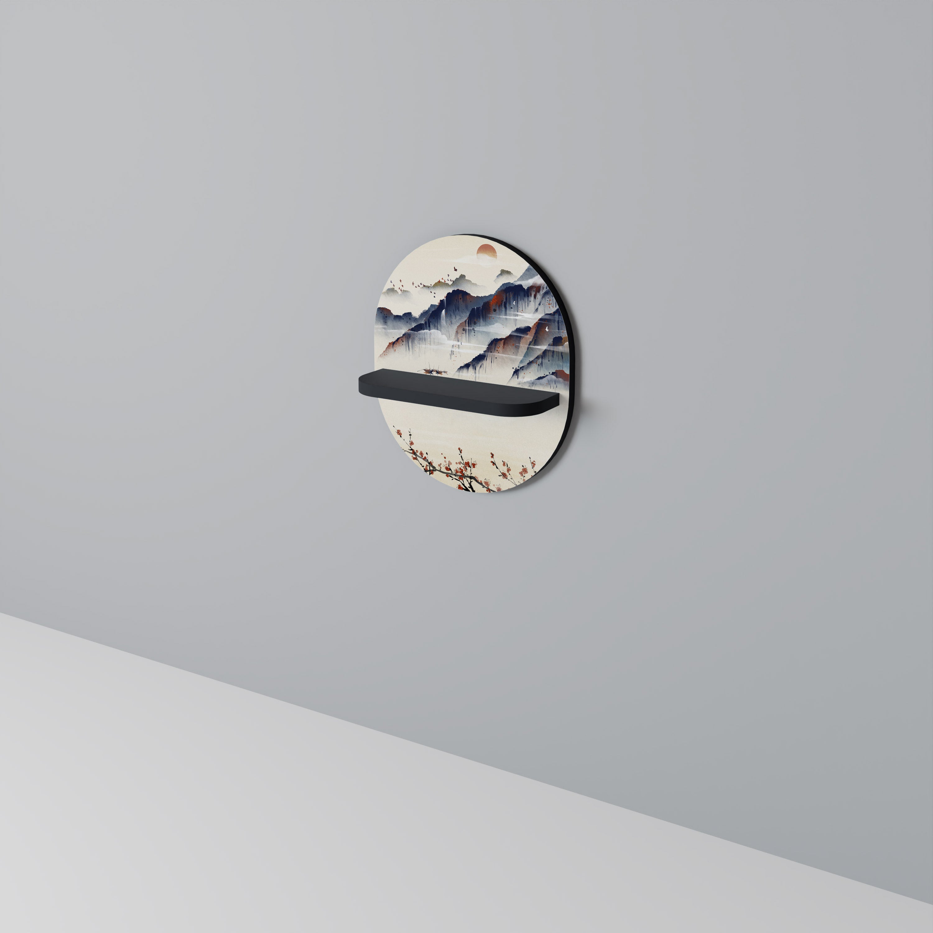 Étagère ovale en finition noire, style paysage japonais