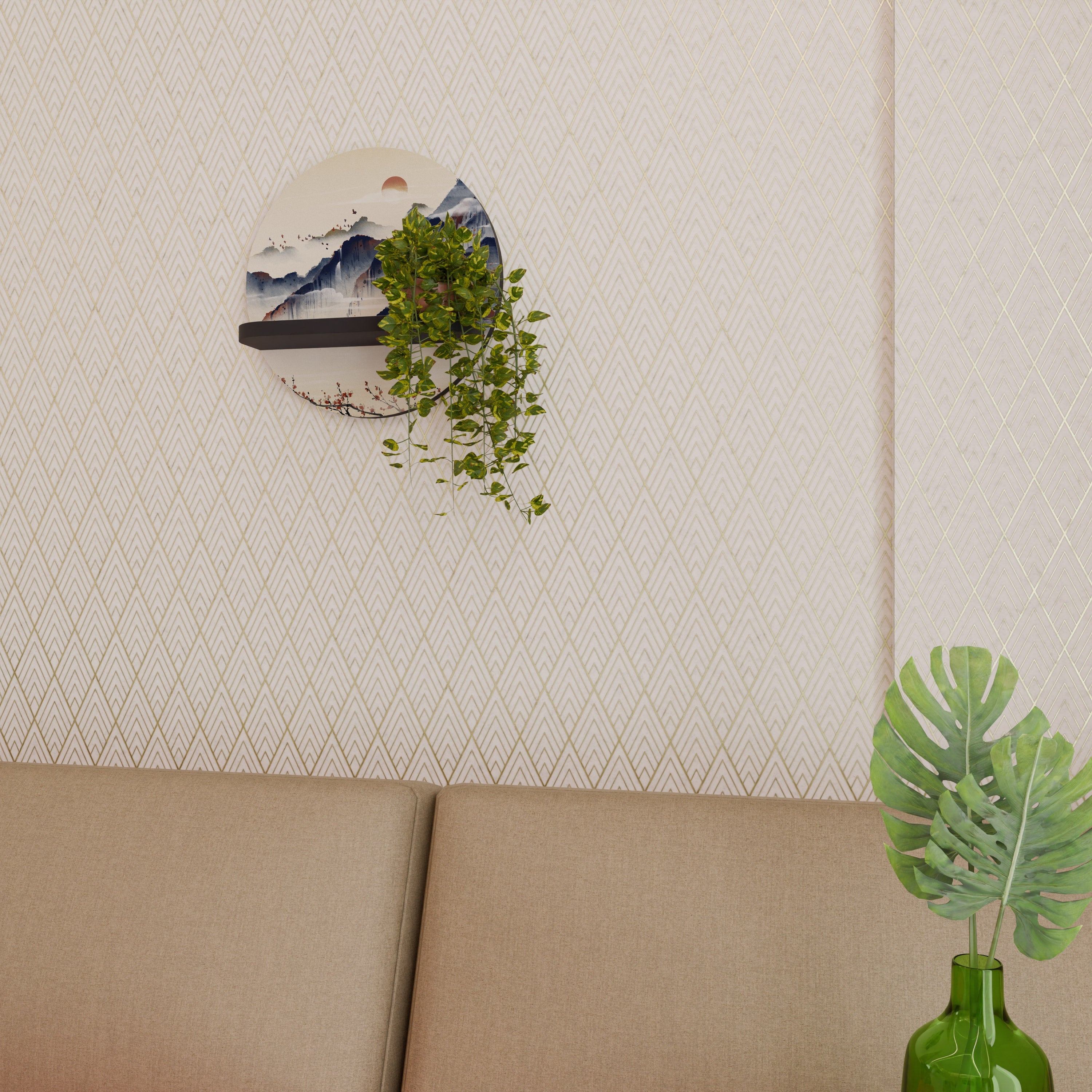 Étagère ronde en finition noire, style PAYSAGE JAPONAIS