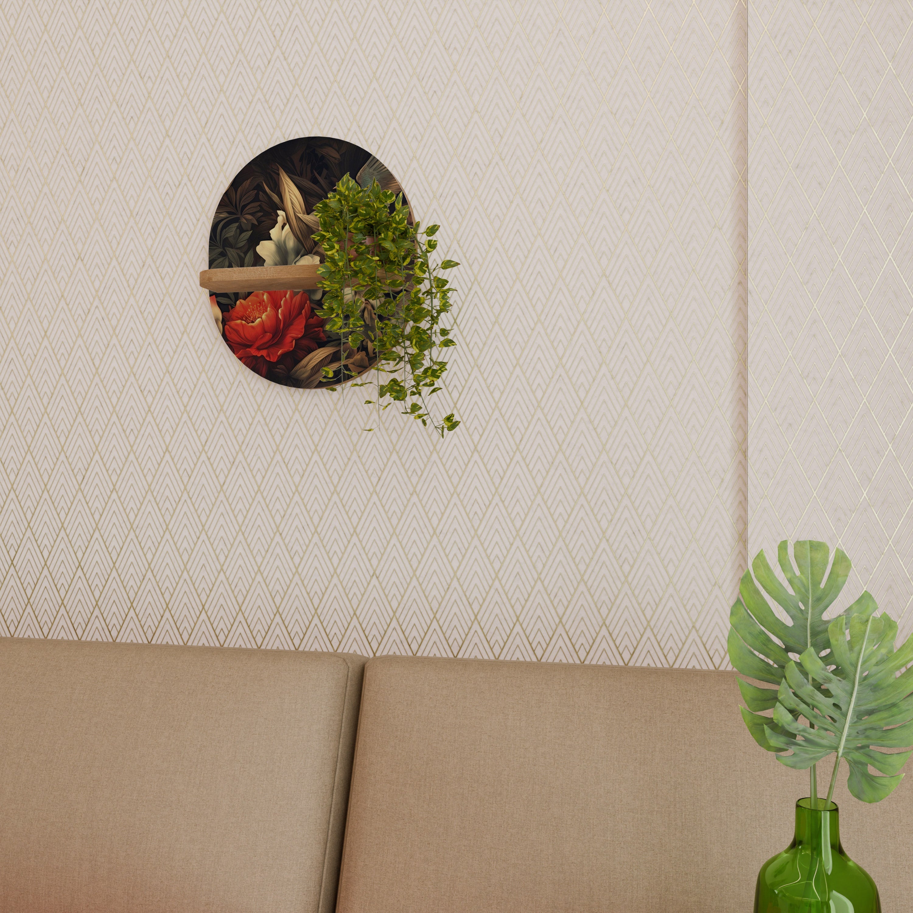 Étagère d'art ovale BOTANICAL BIRDSONG en effet chêne