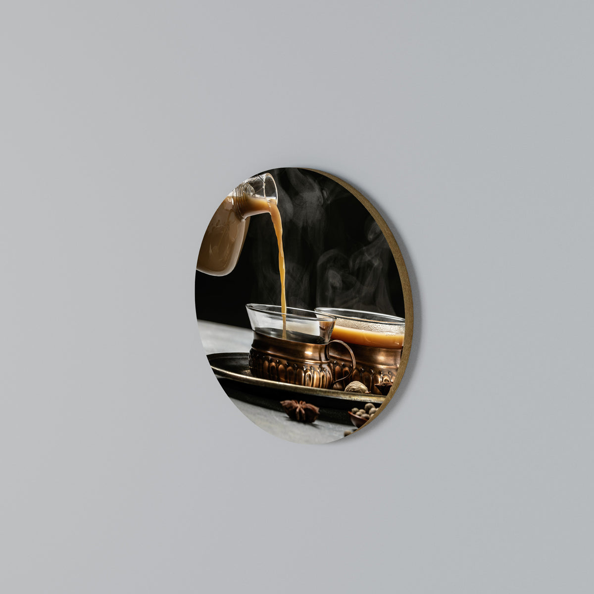 STEAMING SIPS OF SERENITY Round Wall Art