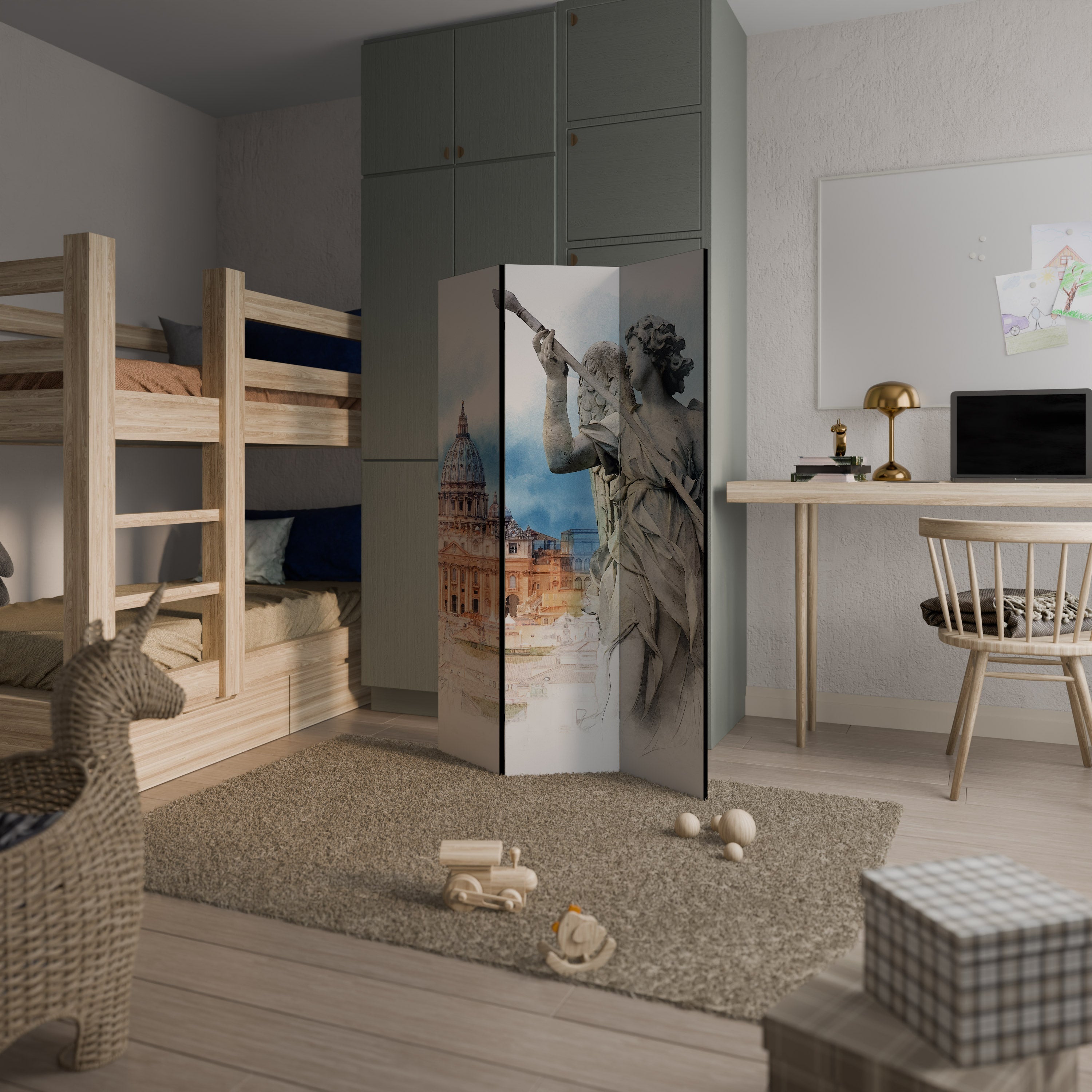 Paravent décoratif à 3 panneaux, relique de paysage urbain mystique