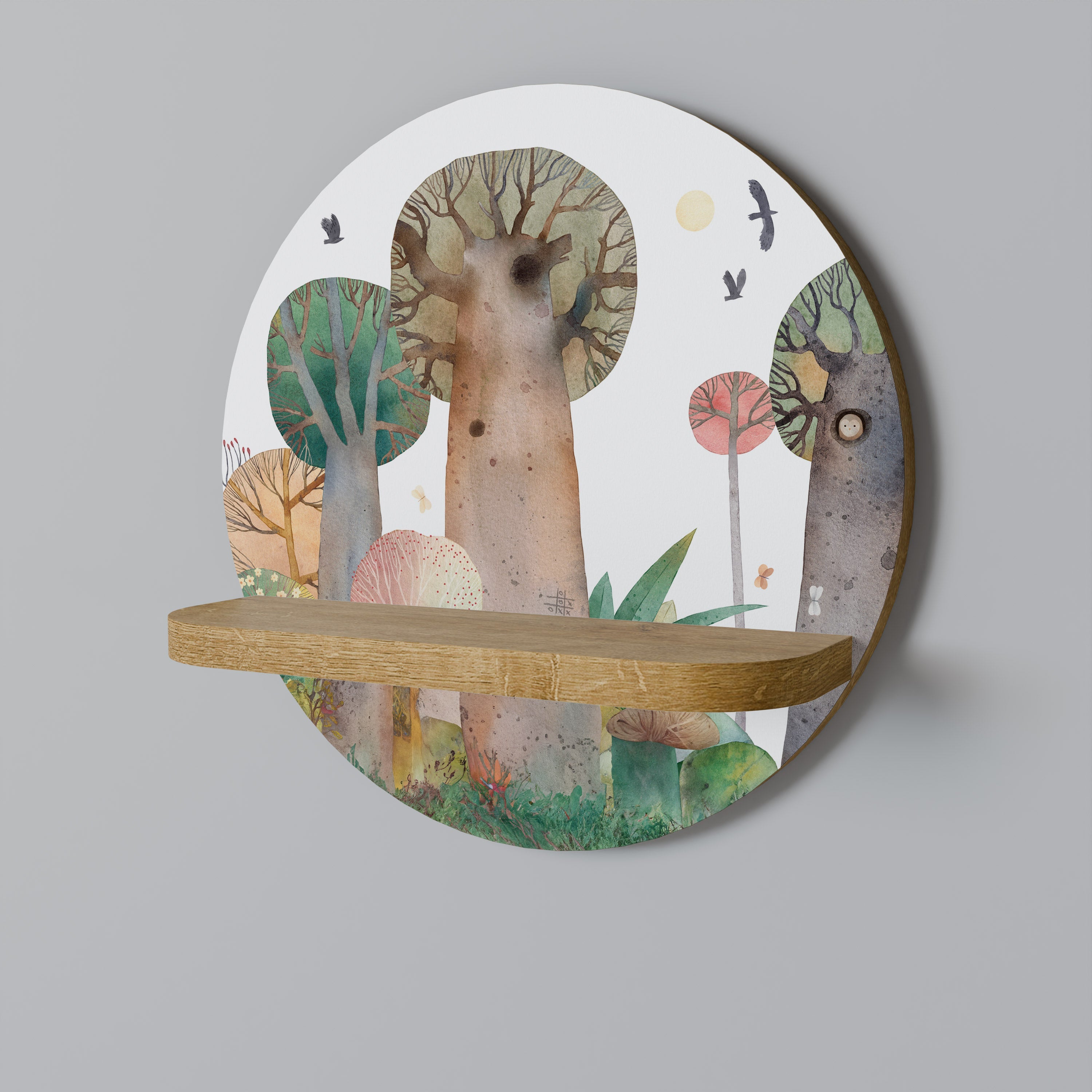 Étagère d'art ronde FLIGHT OVER effet chêne