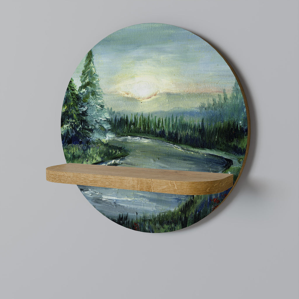 FOREST SUNSET Round Art Shelf In Oak Effect