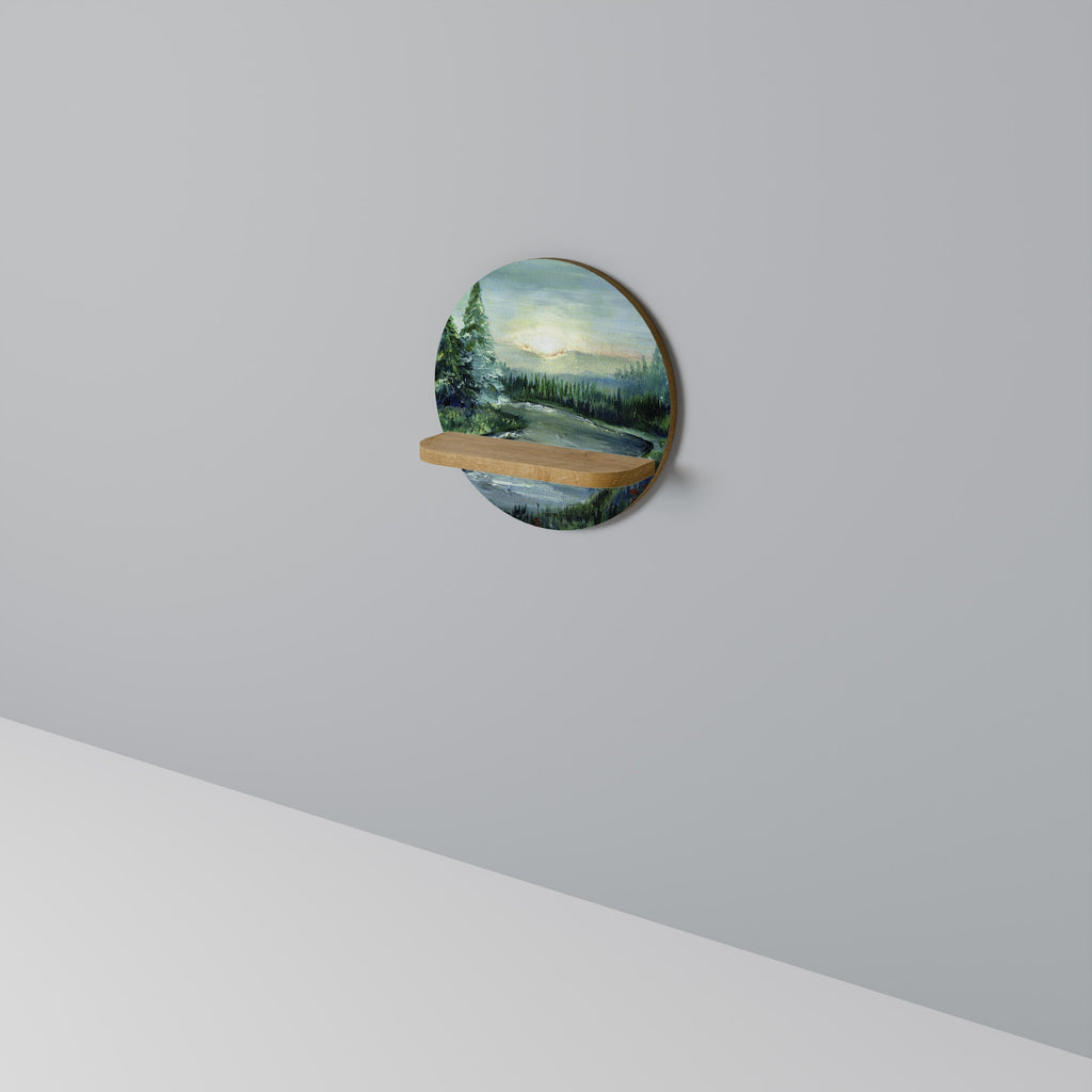 FOREST SUNSET Round Art Shelf In Oak Effect