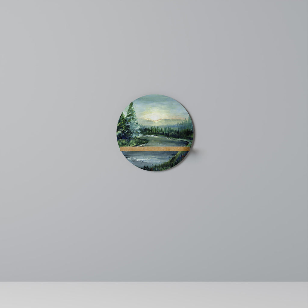 FOREST SUNSET Round Art Shelf In Oak Effect