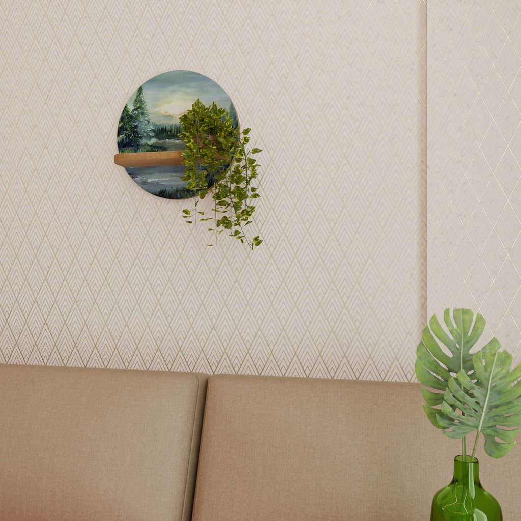 FOREST SUNSET Round Art Shelf In Oak Effect