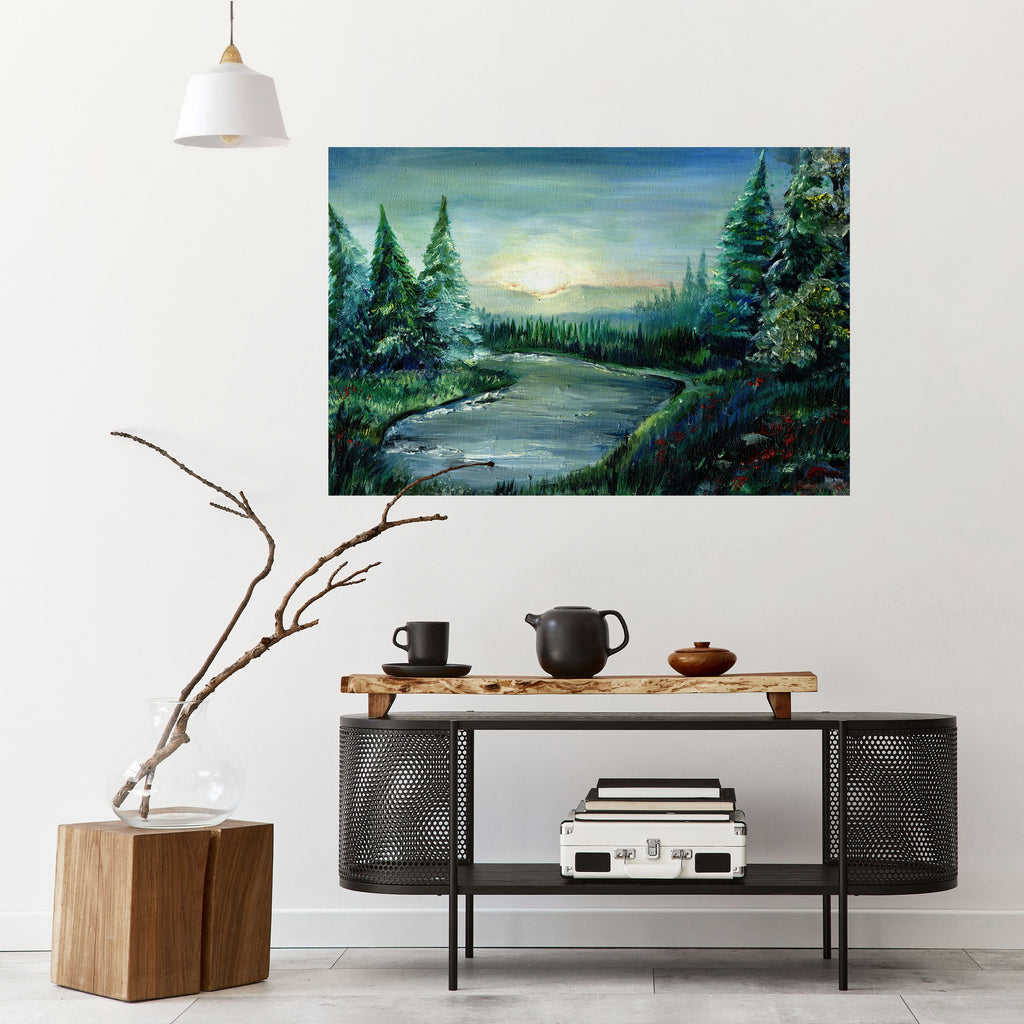 Affiche horizontale autocollante « COUCHER DE SOLEIL EN FORÊT »