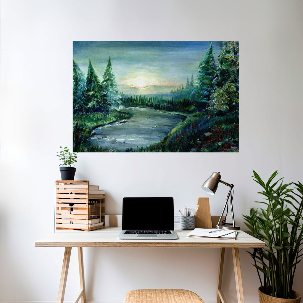 Affiche horizontale autocollante « COUCHER DE SOLEIL EN FORÊT »