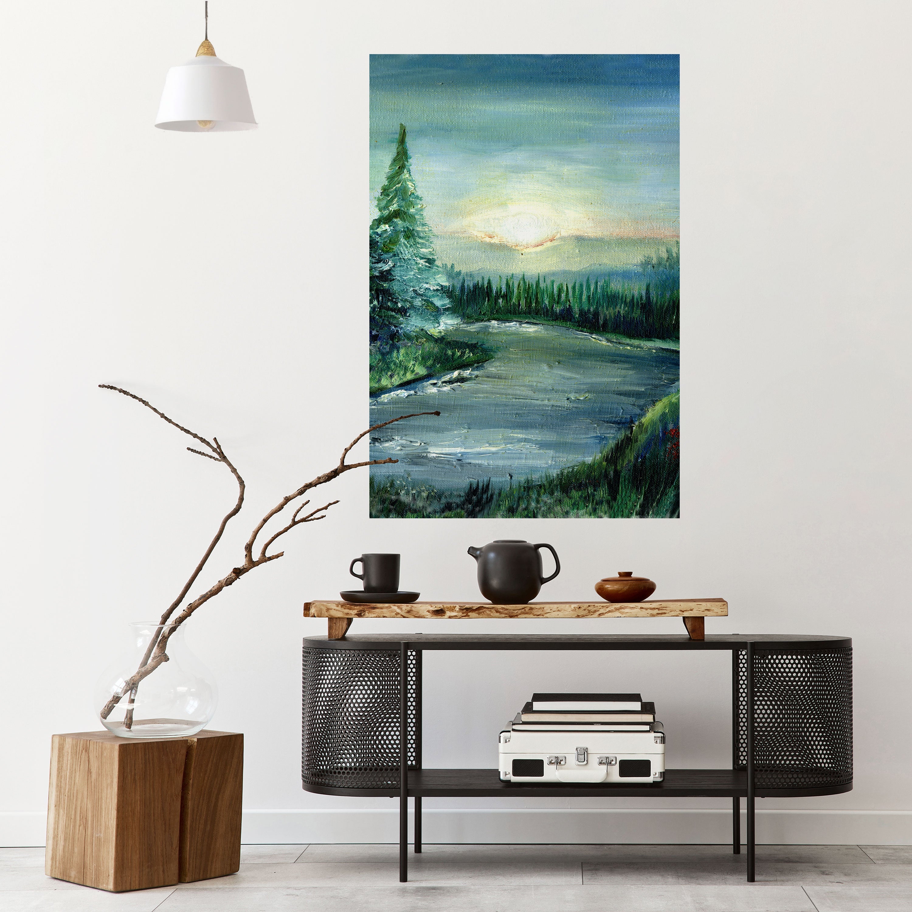 Affiche verticale autocollante « COUCHER DE SOLEIL EN FORÊT »