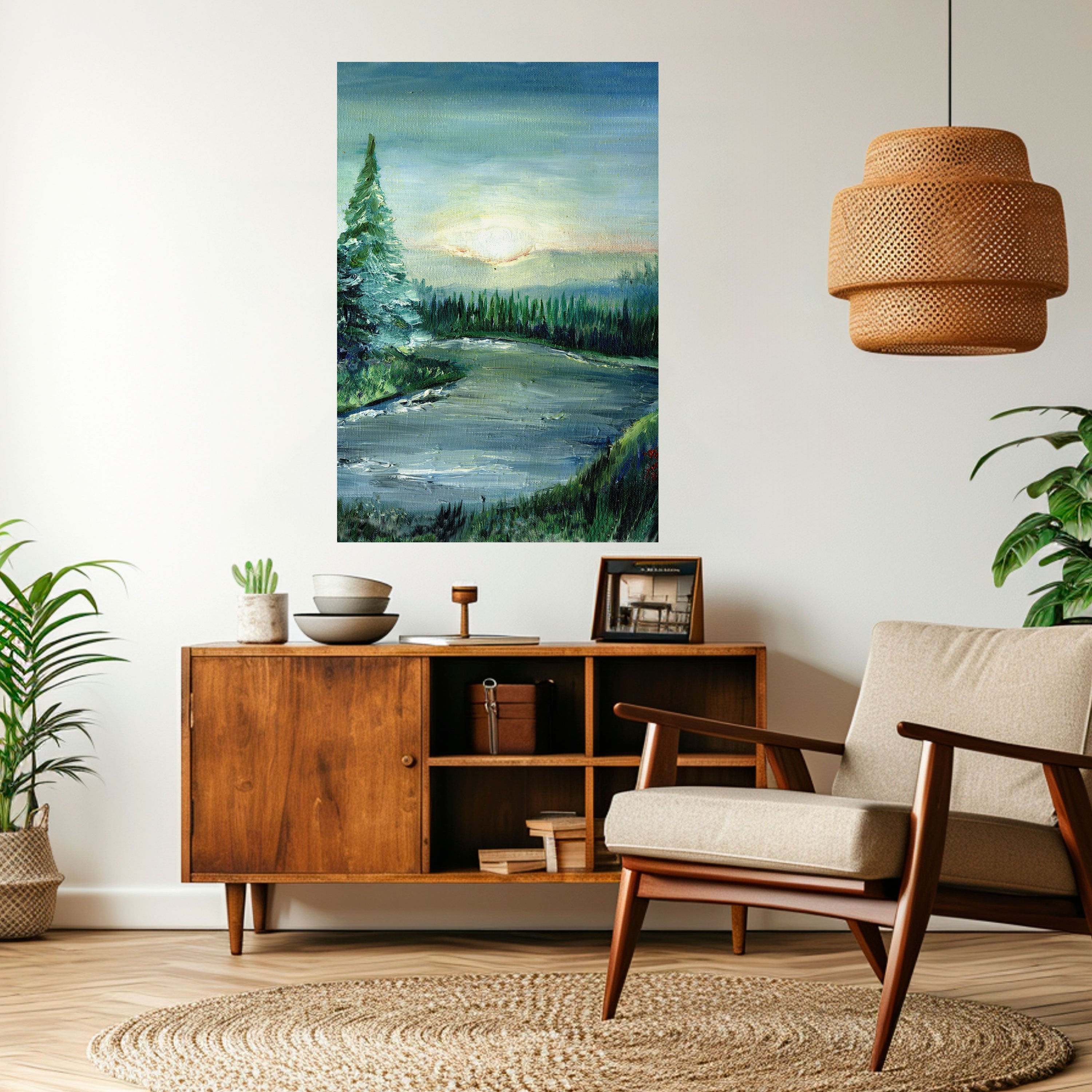 Affiche verticale autocollante « COUCHER DE SOLEIL EN FORÊT »