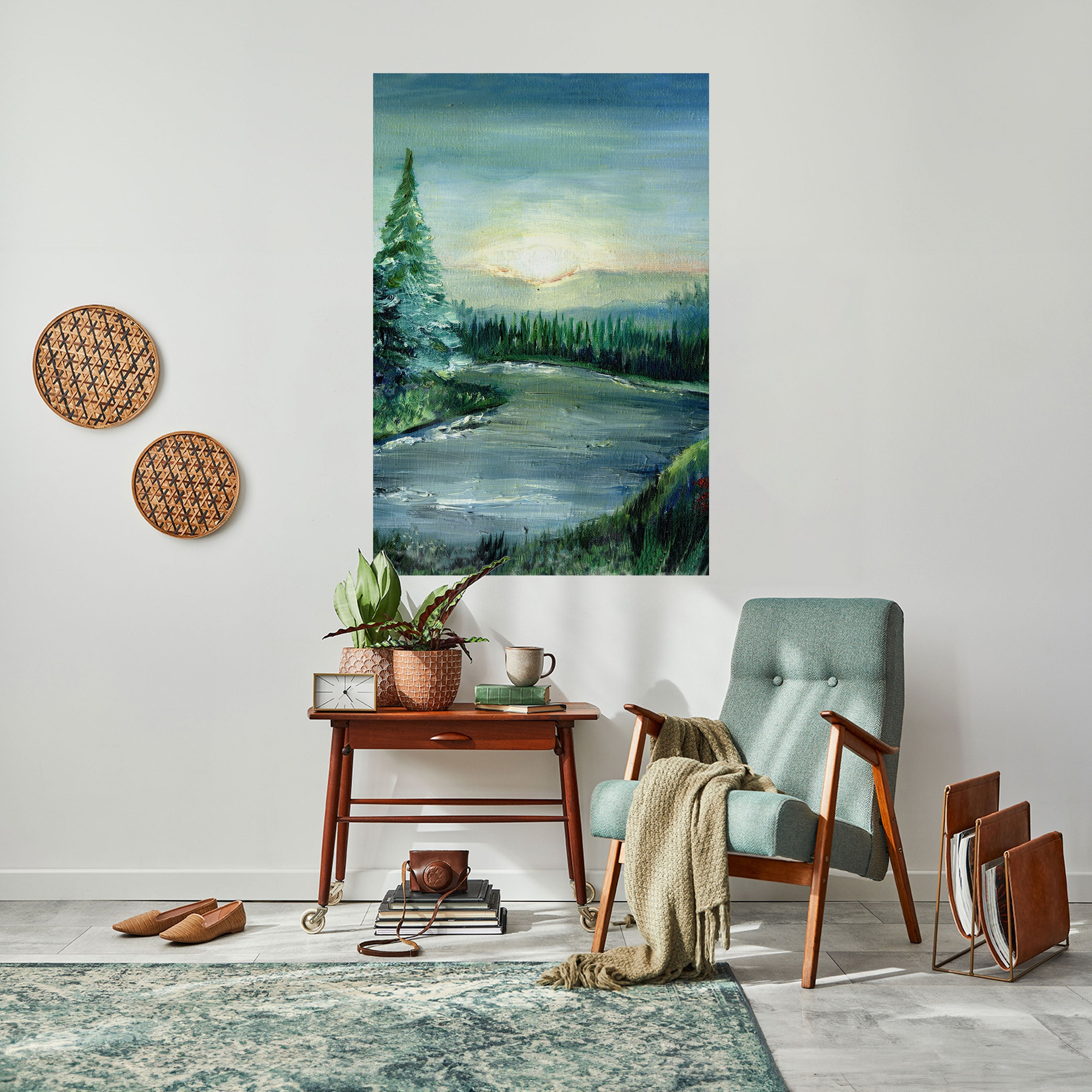 Affiche verticale autocollante « COUCHER DE SOLEIL EN FORÊT »