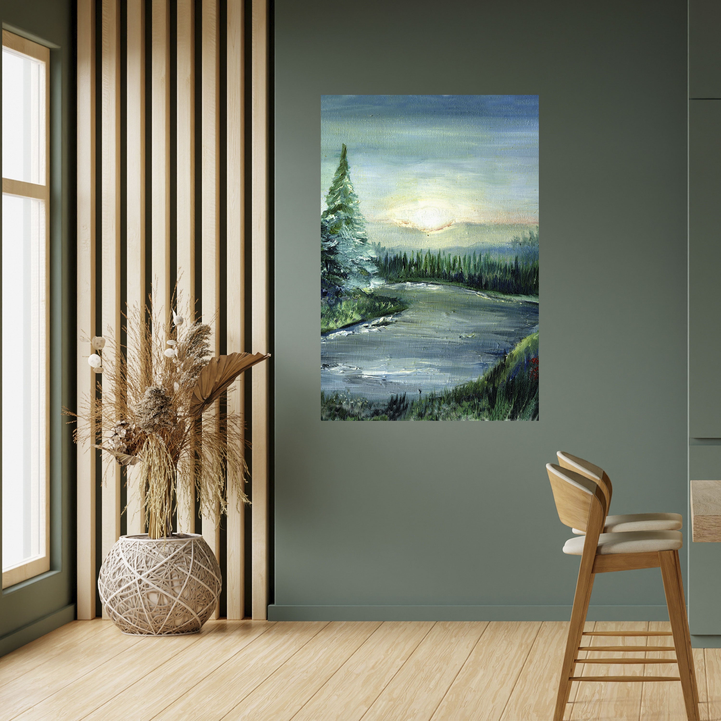 Affiche verticale autocollante « COUCHER DE SOLEIL EN FORÊT »