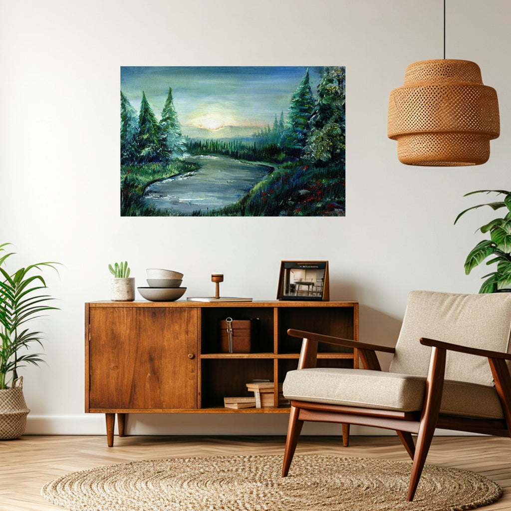 Affiche horizontale autocollante « COUCHER DE SOLEIL EN FORÊT »