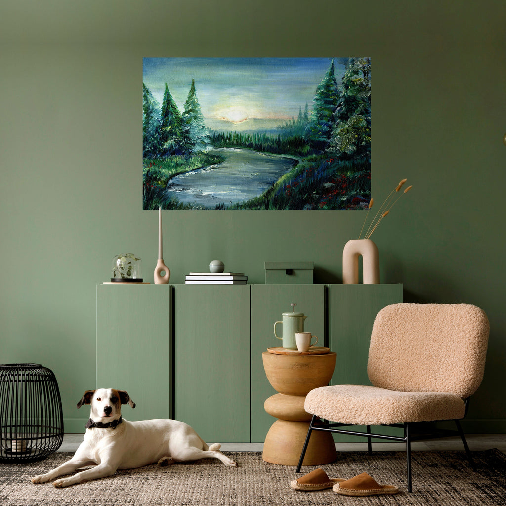 Affiche horizontale autocollante « COUCHER DE SOLEIL EN FORÊT »