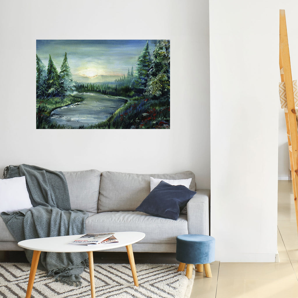 Affiche horizontale autocollante « COUCHER DE SOLEIL EN FORÊT »