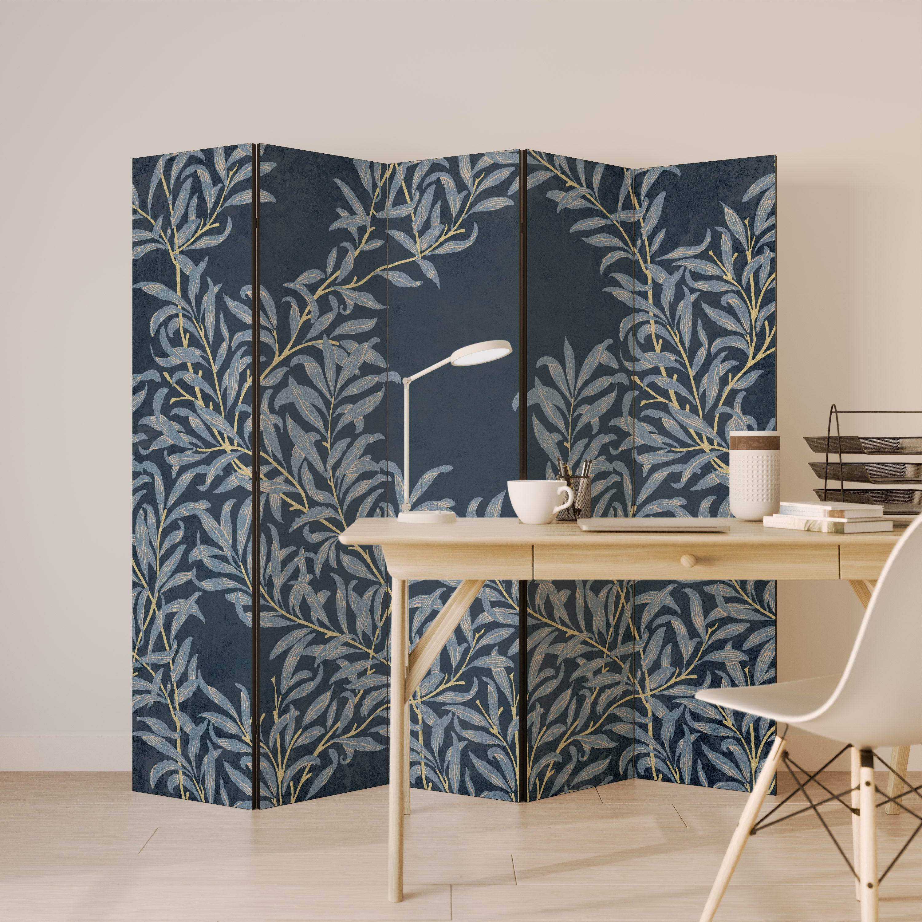 BLUE LEAVES 5-Panel Room Divider