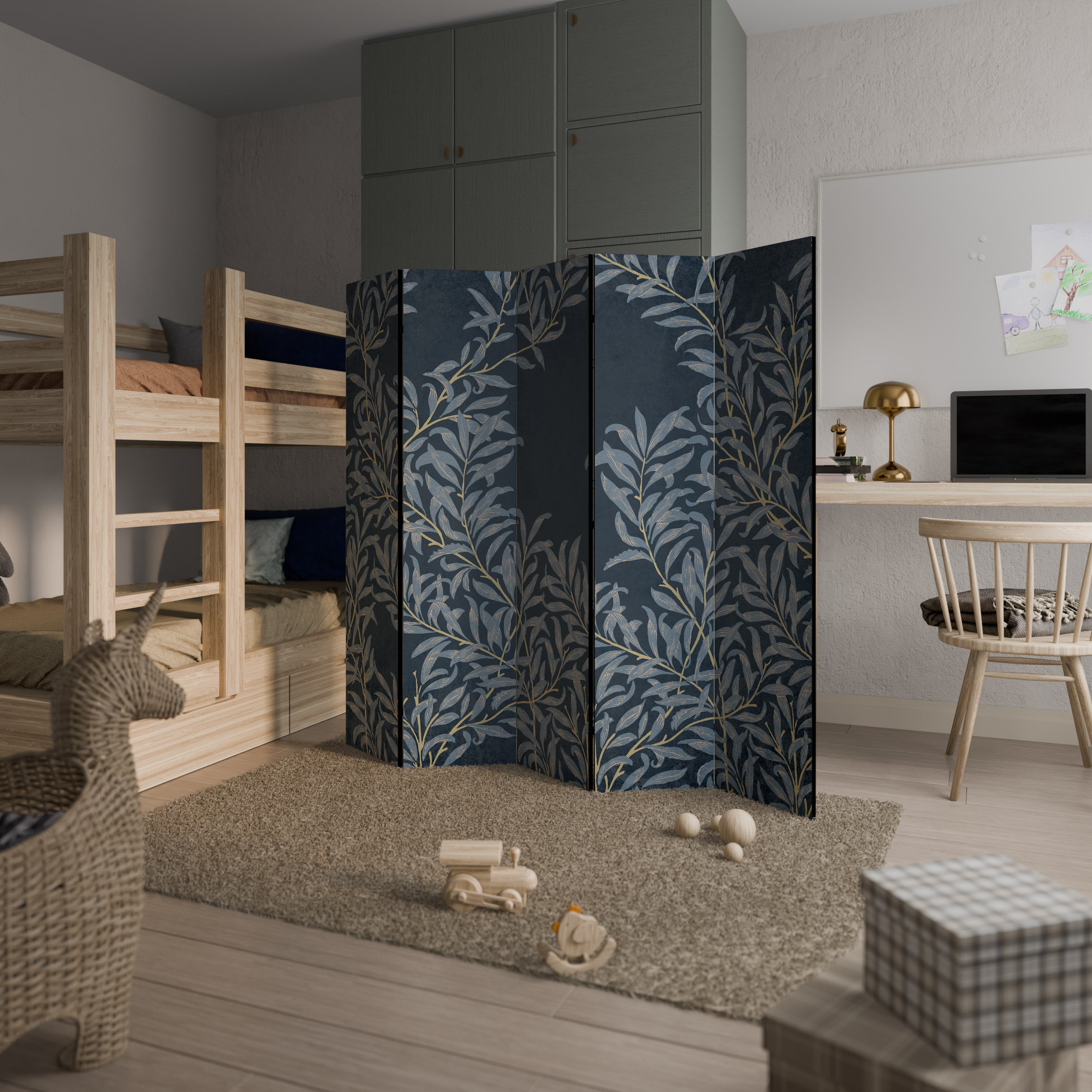BLUE LEAVES 5-Panel Room Divider