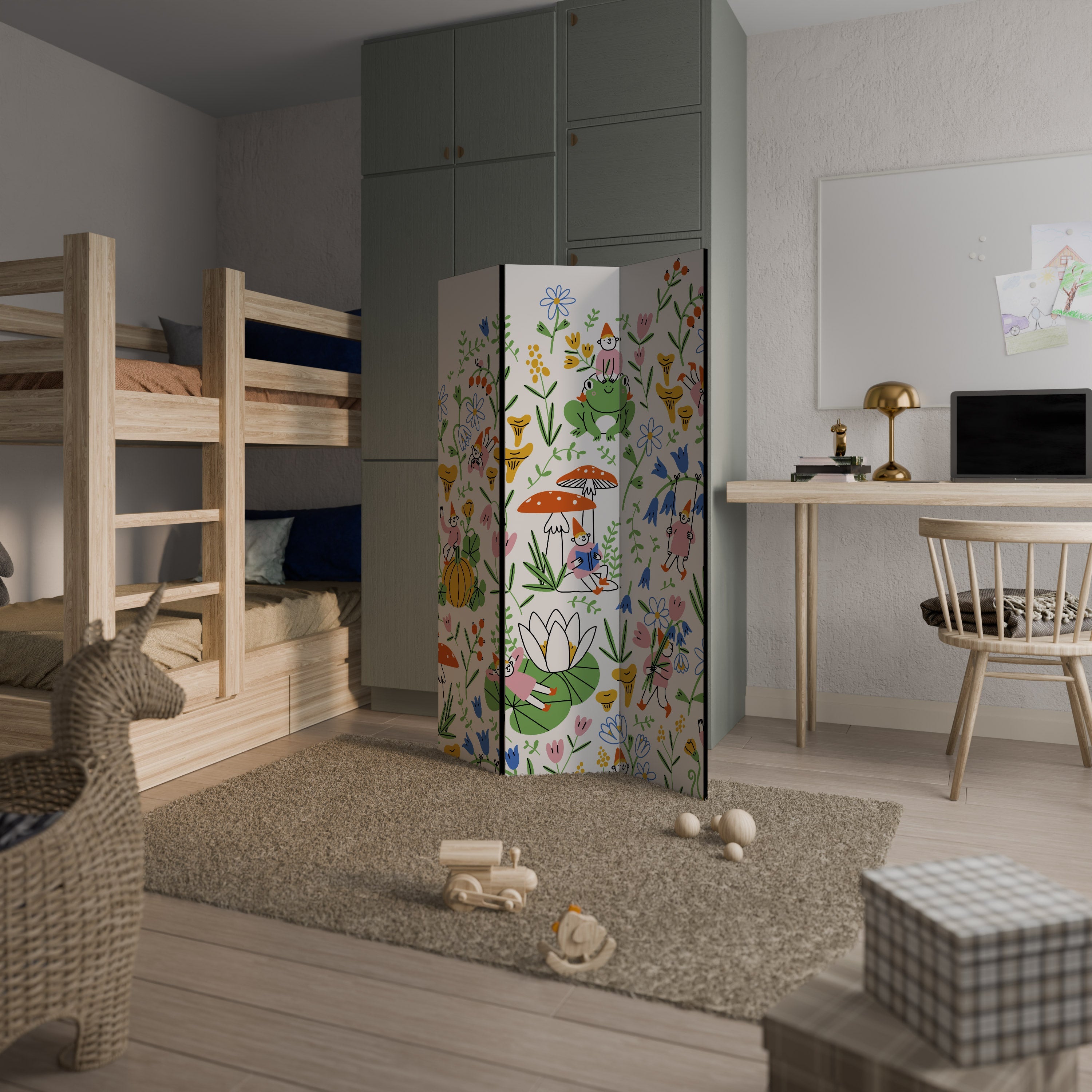 Paravent décoratif à 3 panneaux GNOMES DE JARDIN