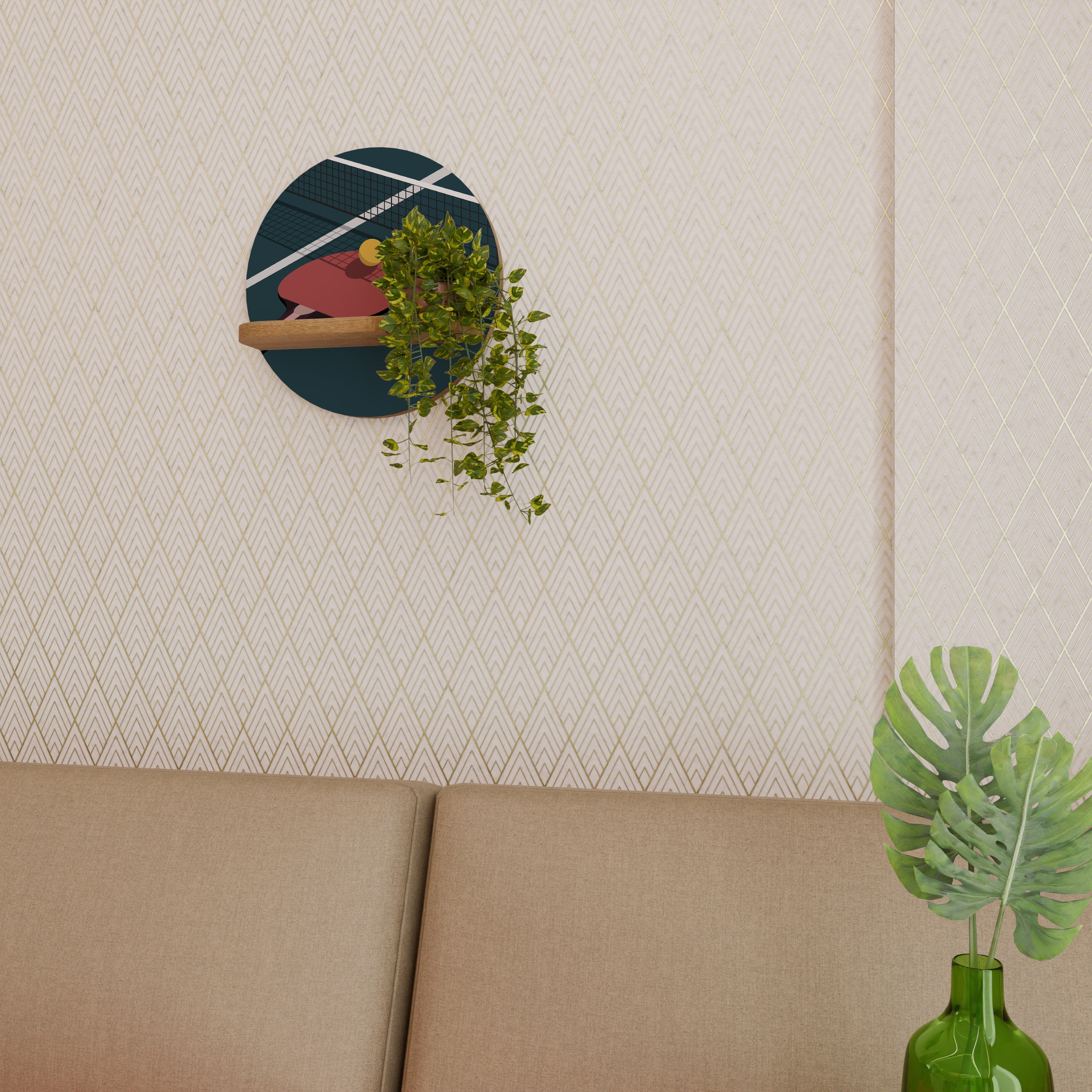 Étagère d'art ronde effet chêne pour jeu de ping-pong