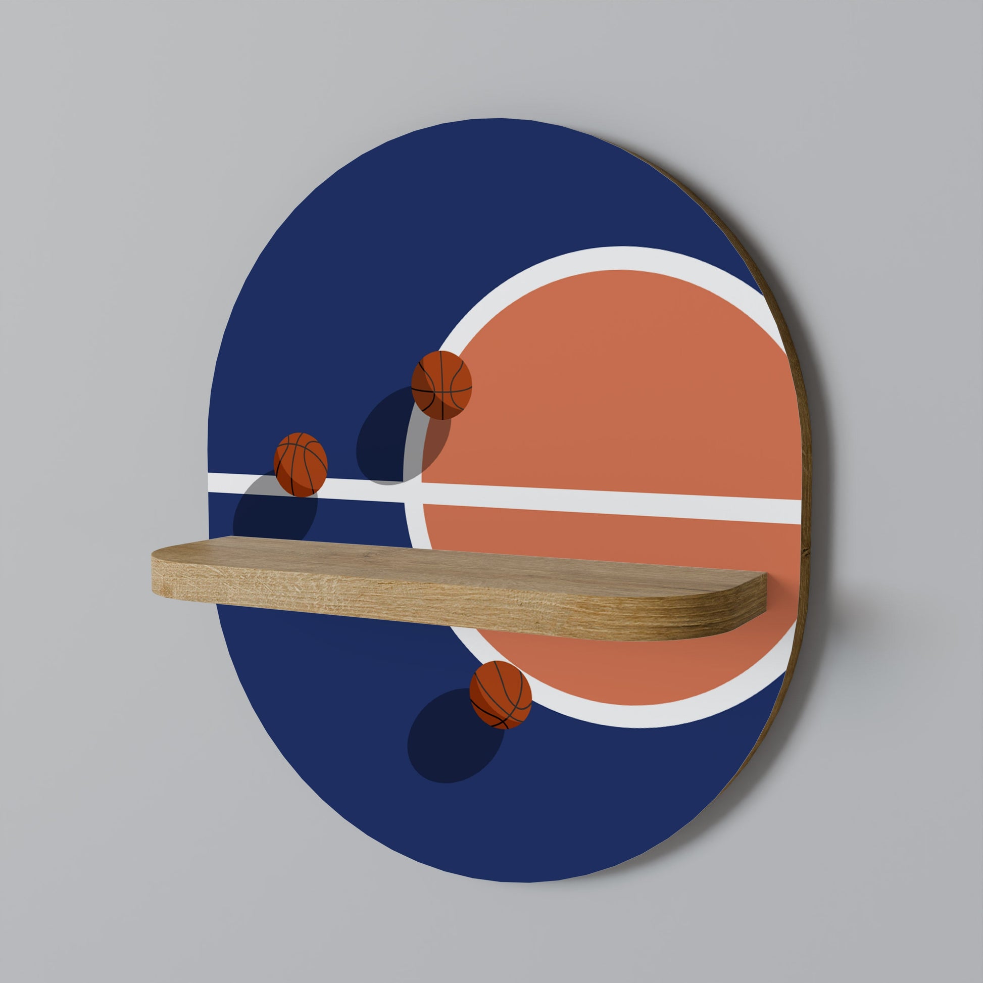 BASKETBALL CHALLENGE Oval Art Shelf In Oak Effect