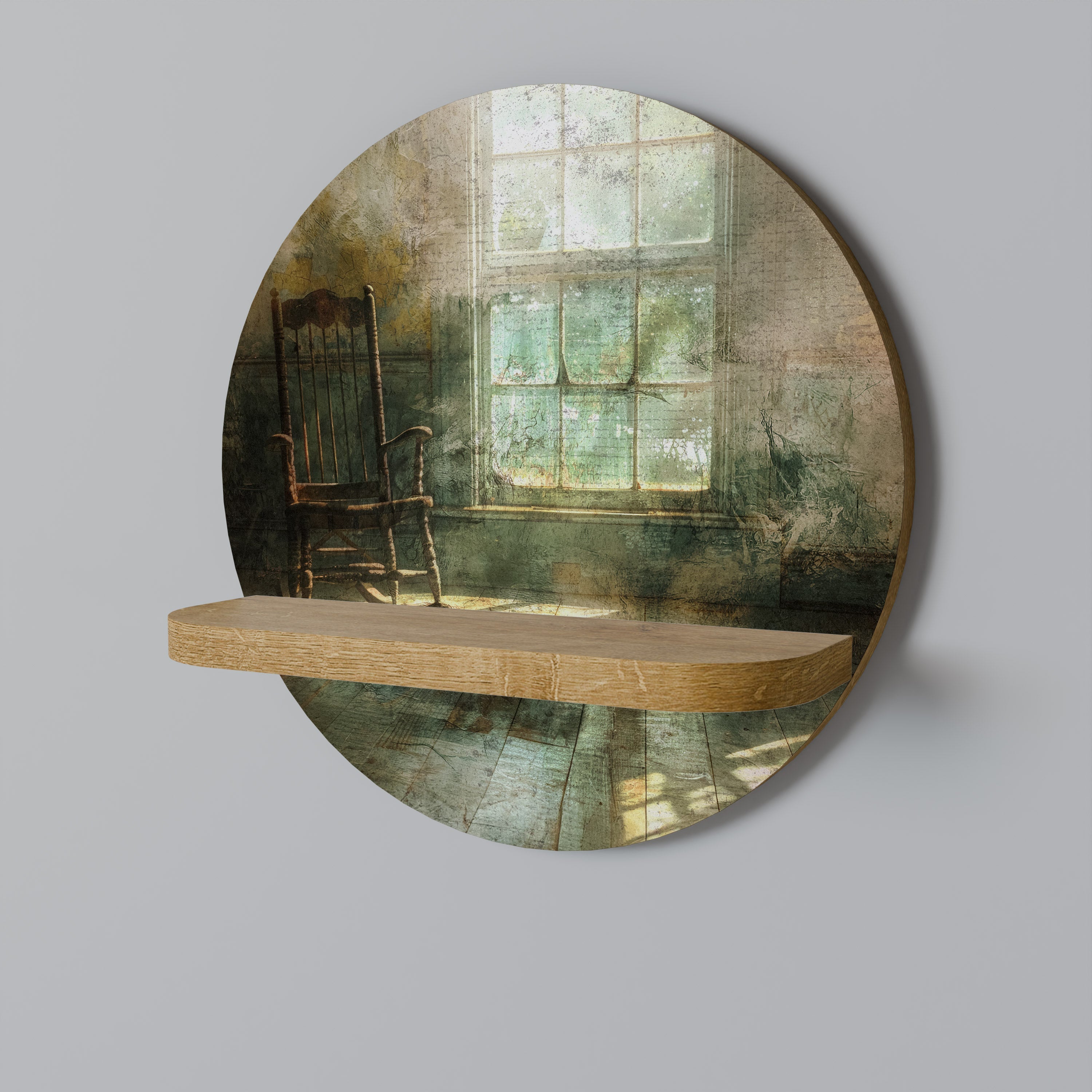 Étagère d'art ronde SUNLIT STILLNESS effet chêne