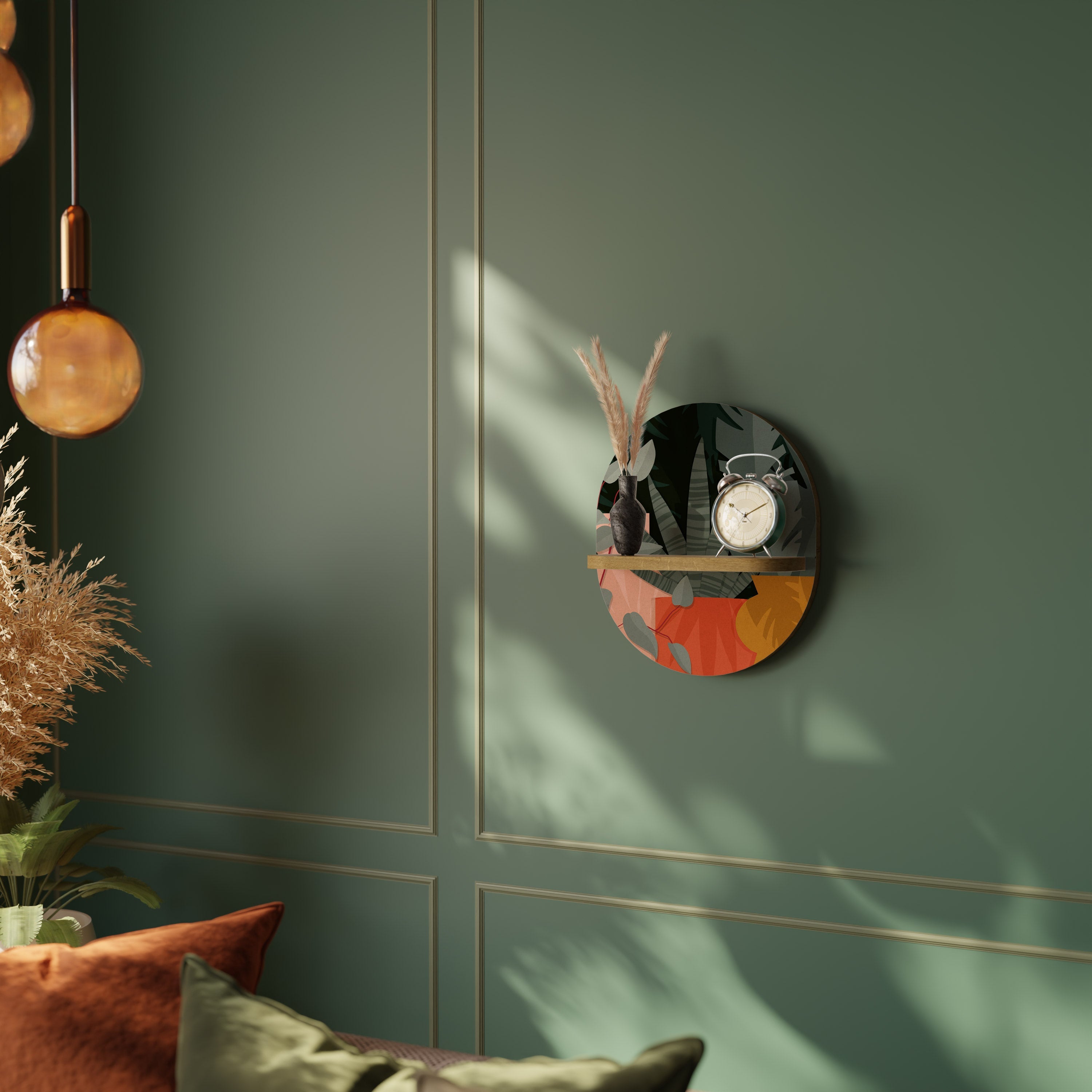 Étagère ovale effet chêne à composition tropicale