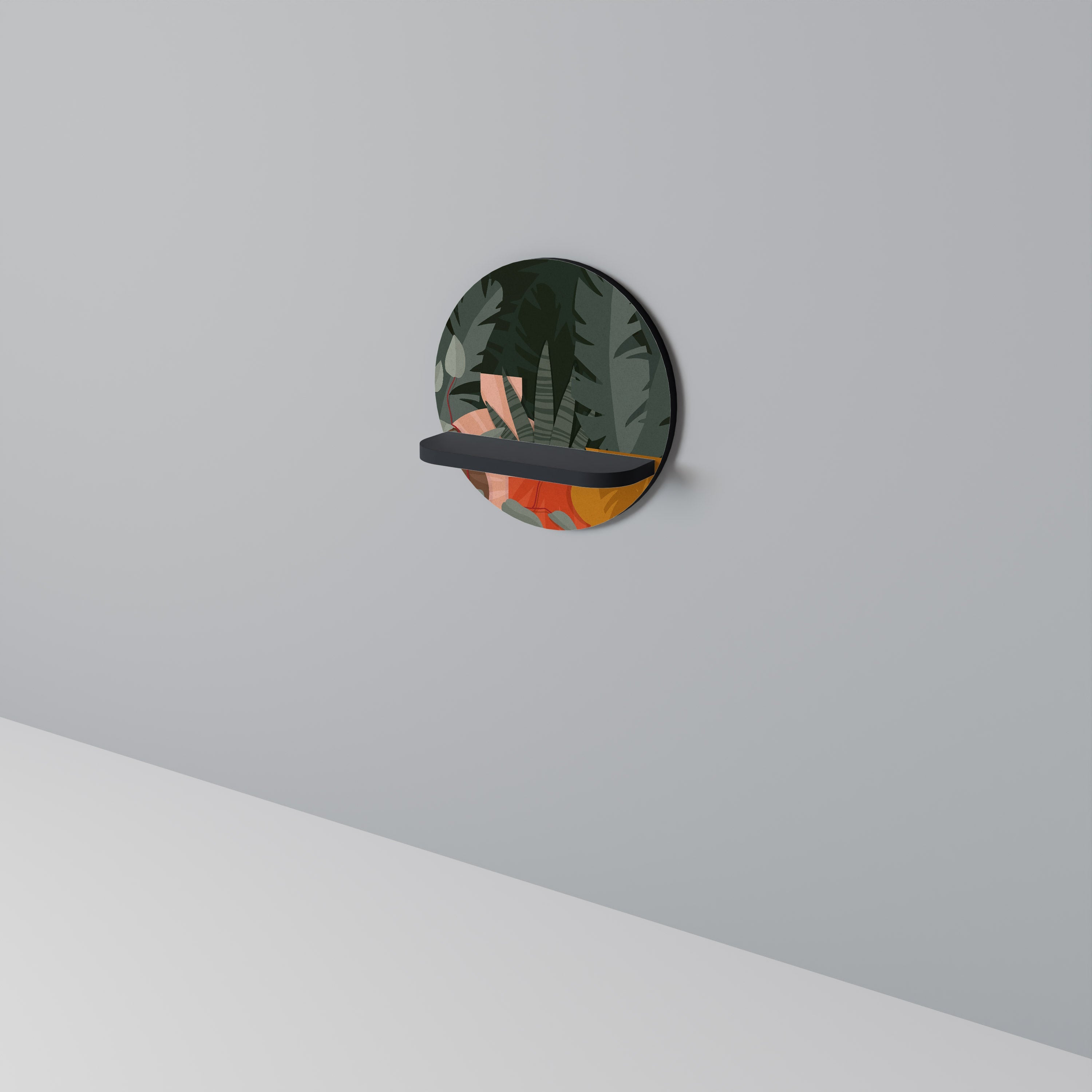 Étagère ronde à composition tropicale, finition noire