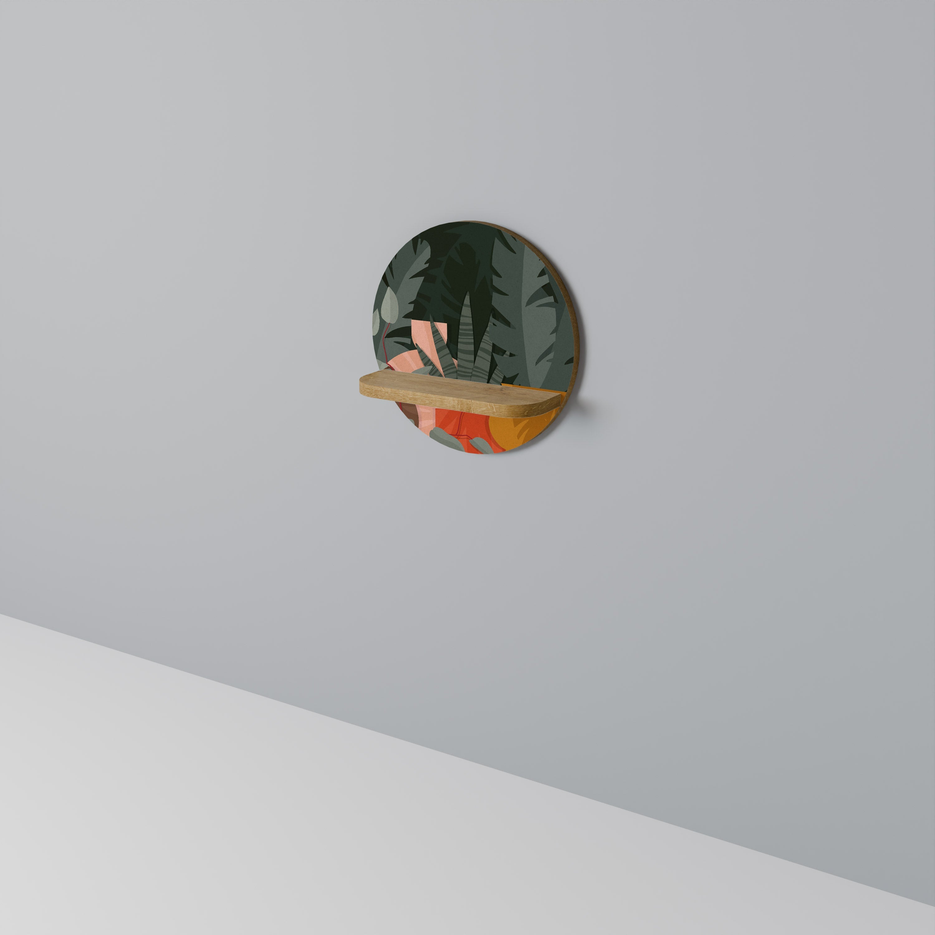 Étagère ronde effet chêne à composition tropicale