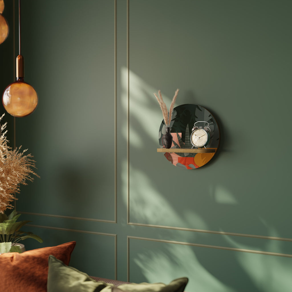 Étagère ronde effet chêne à composition tropicale