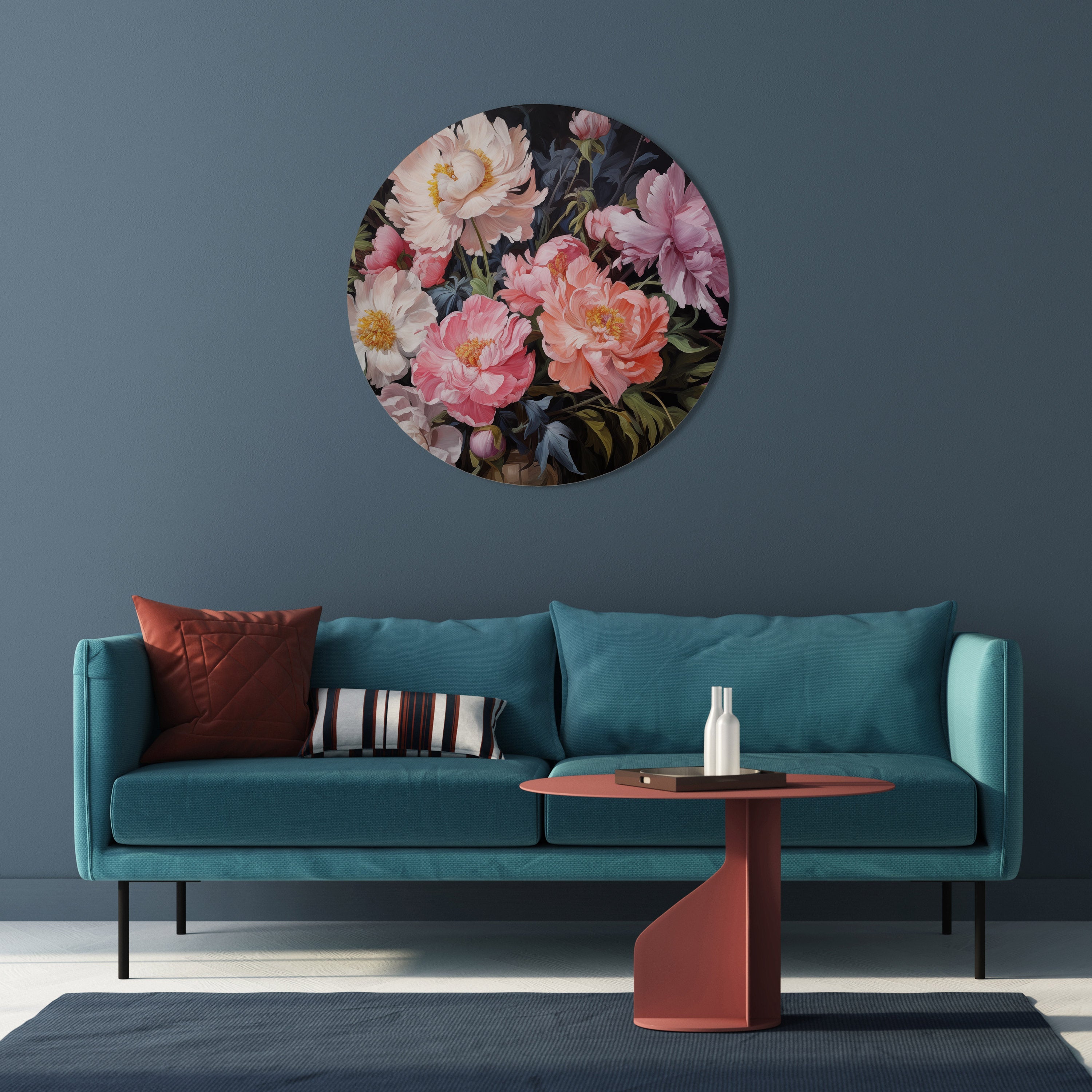 Décoration murale ronde en fleurs de pivoines