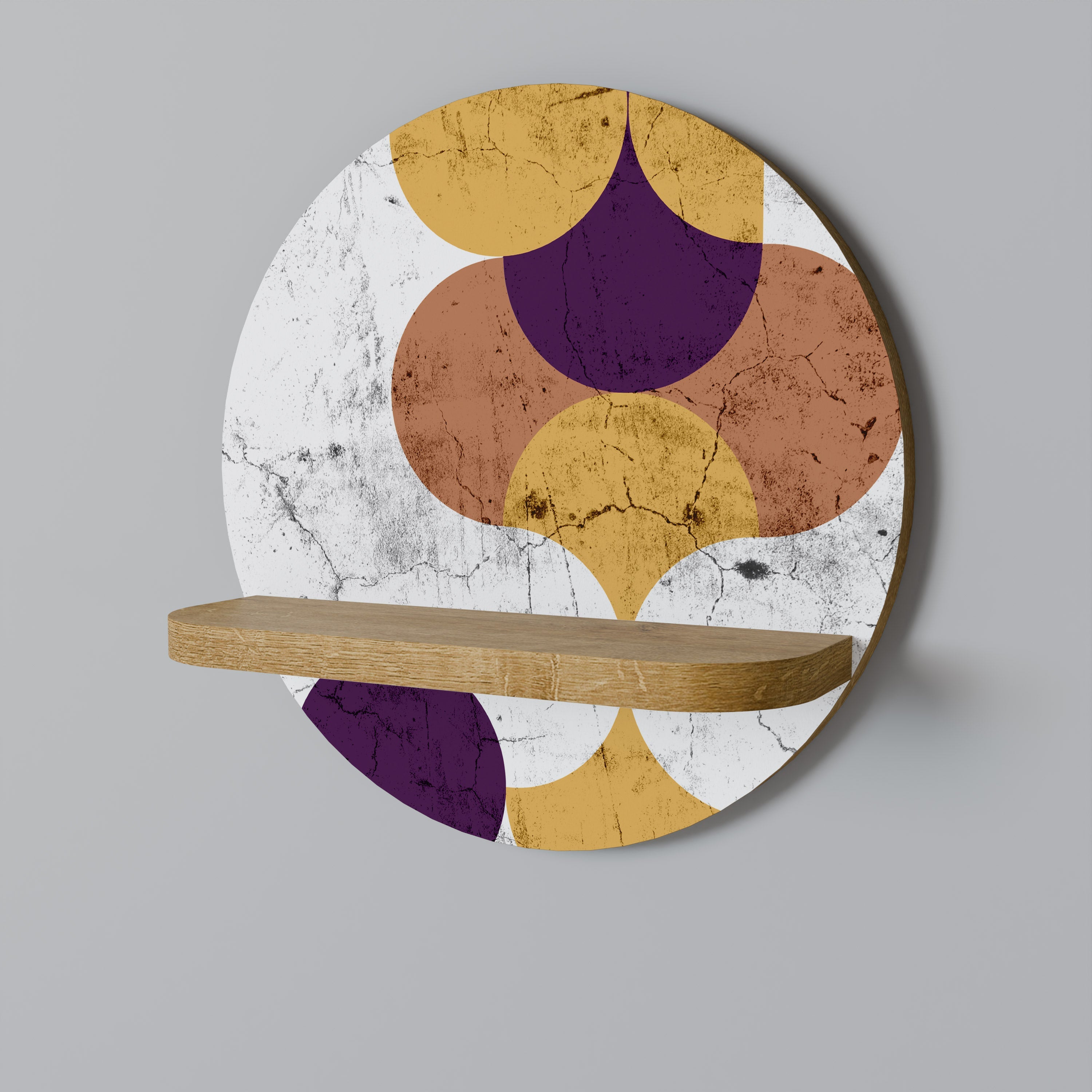 Étagère d'art ronde effet chêne à géométrie craquelée