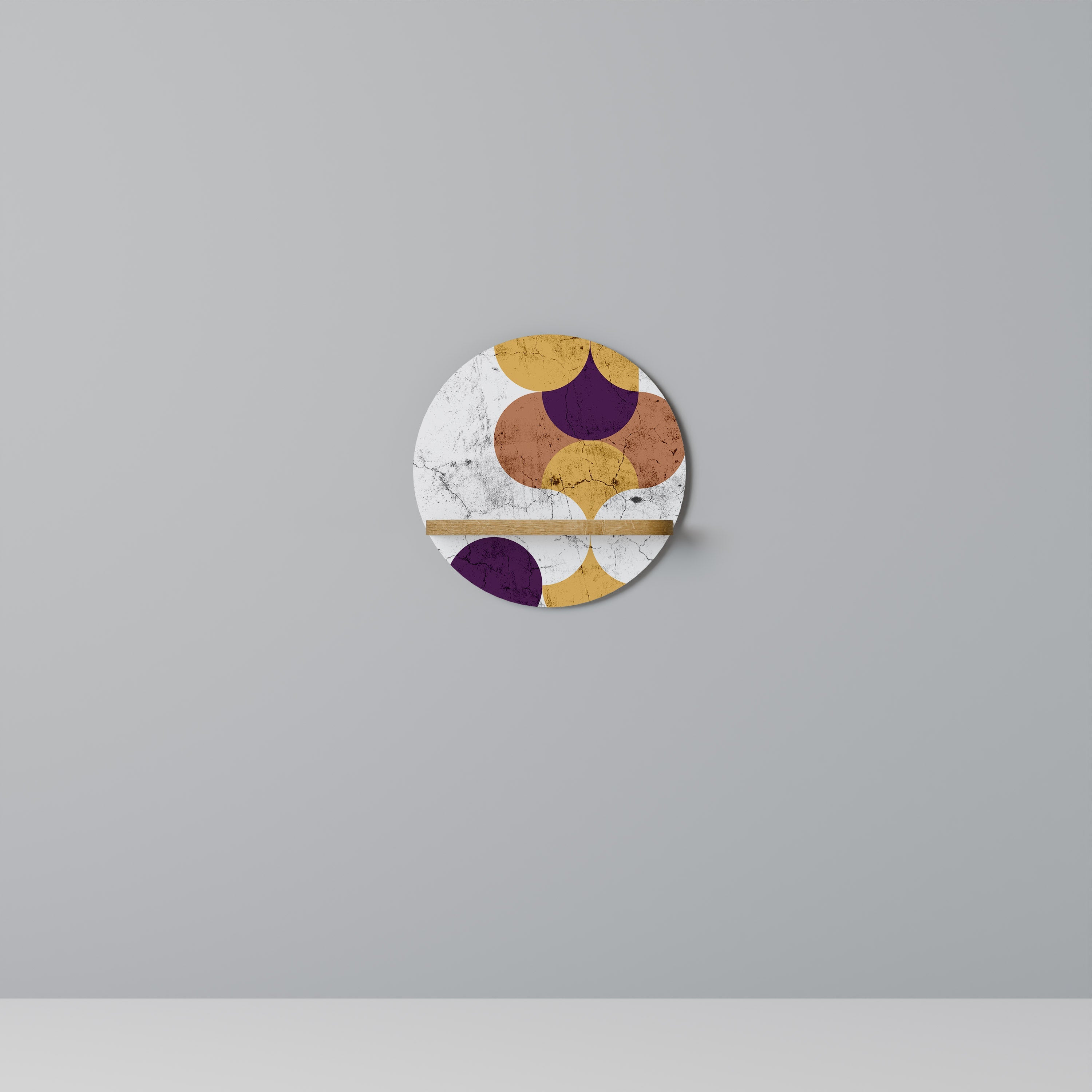 Étagère d'art ronde effet chêne à géométrie craquelée