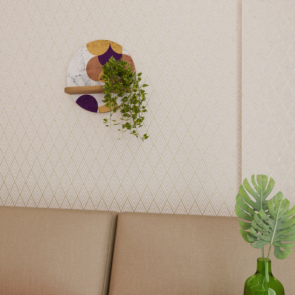 Étagère d'art ronde effet chêne à géométrie craquelée