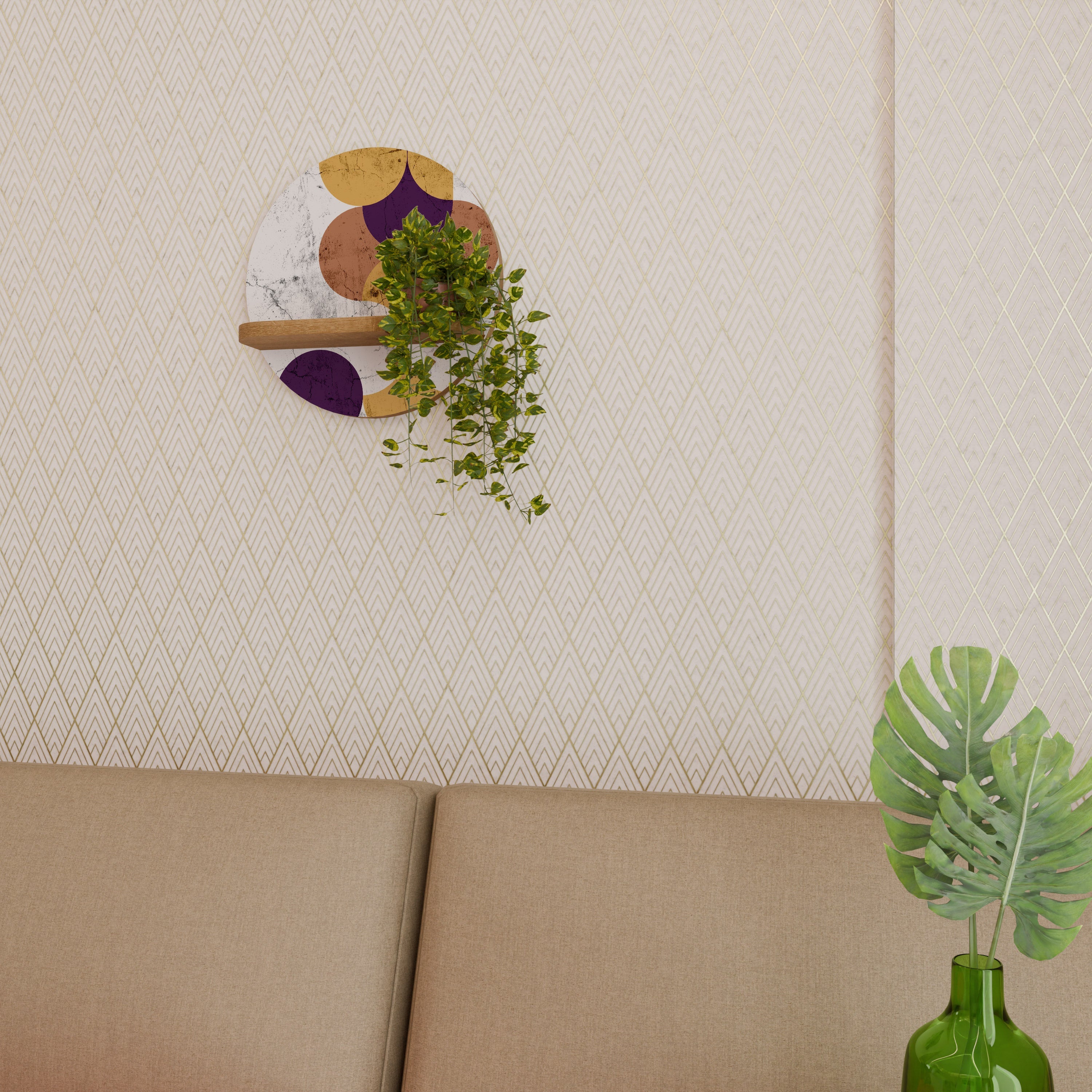 Étagère d'art ronde effet chêne à géométrie craquelée