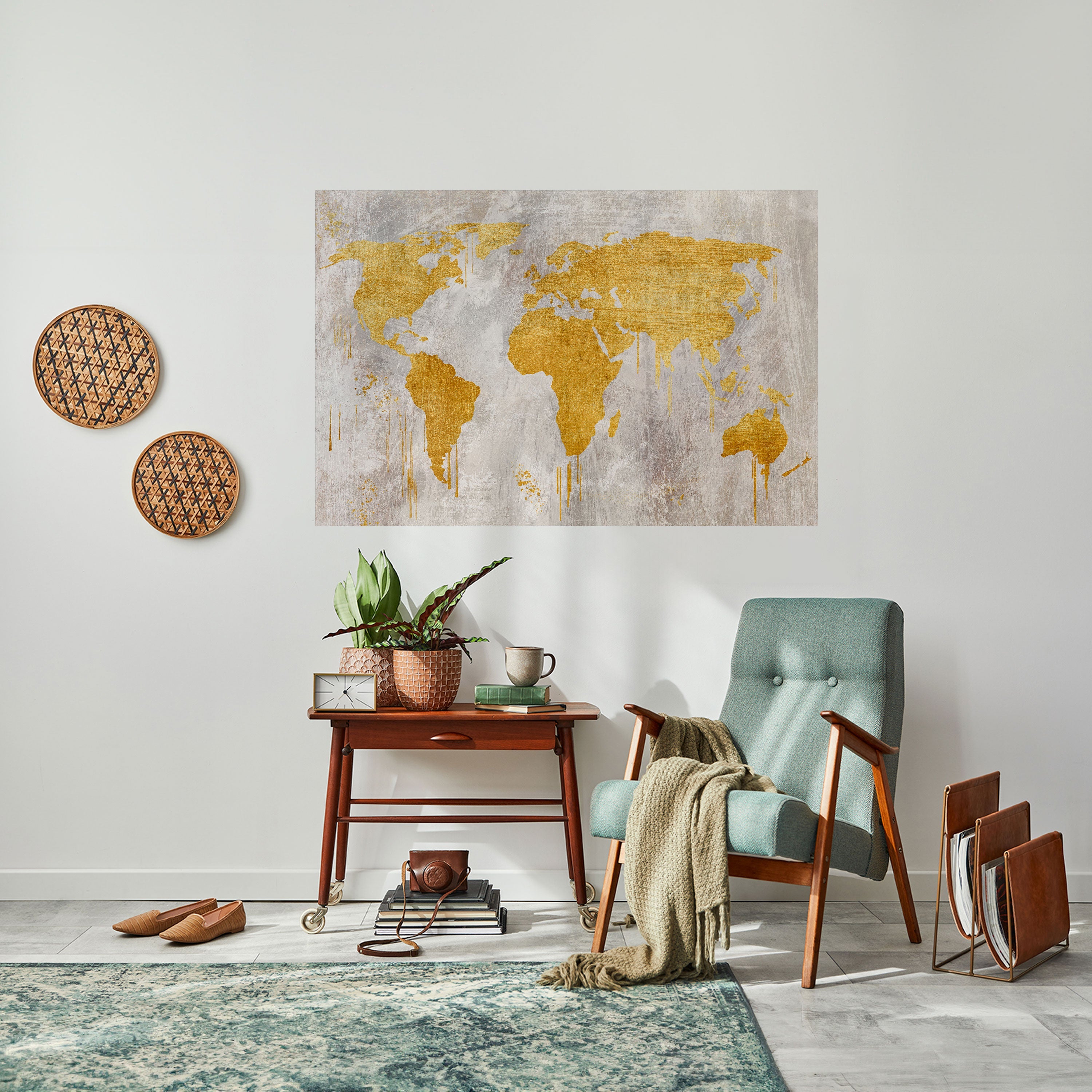 Affiche horizontale autocollante avec carte du monde métallique