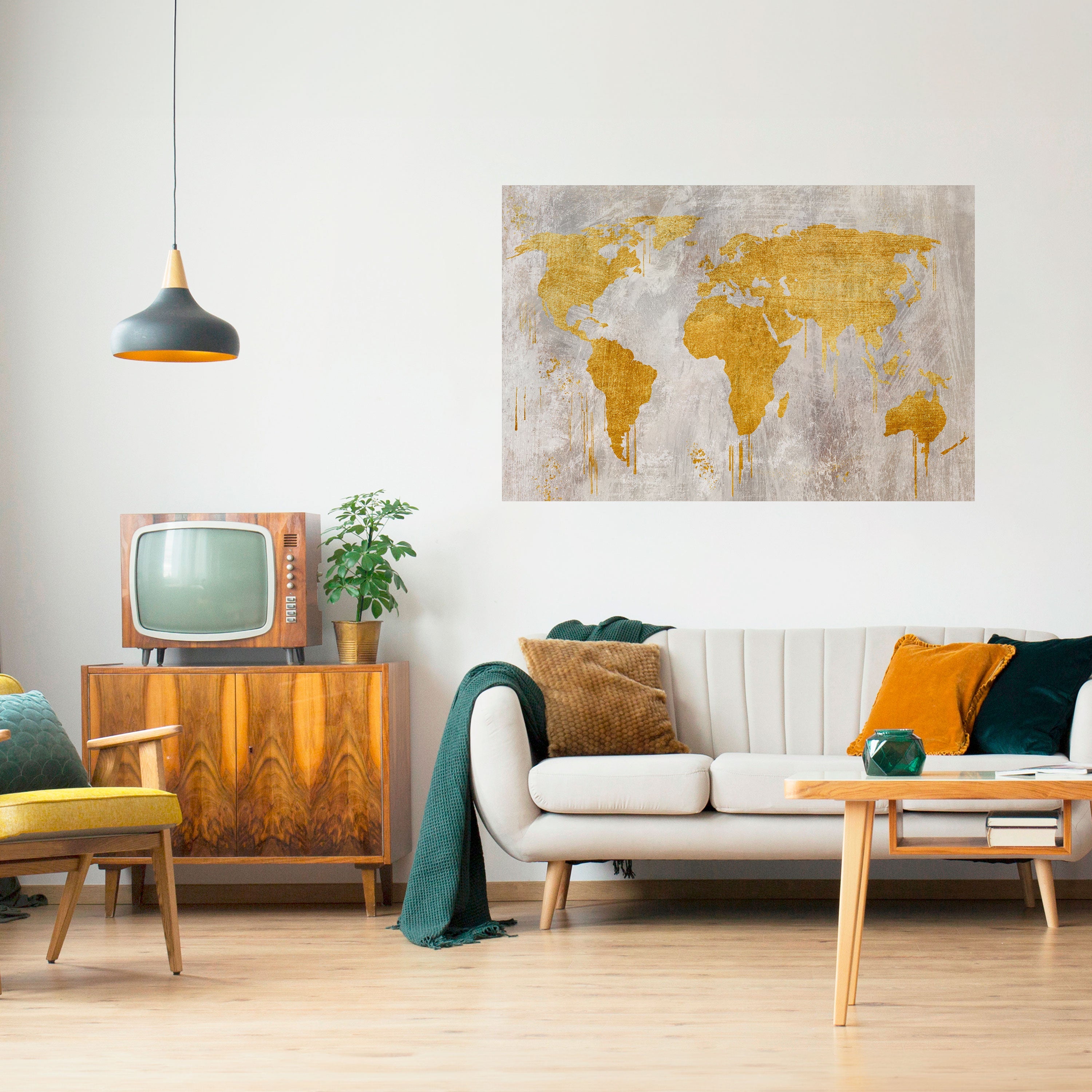 Affiche horizontale autocollante avec carte du monde métallique
