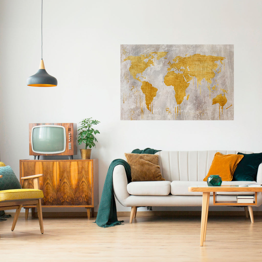 Affiche horizontale autocollante avec carte du monde métallique