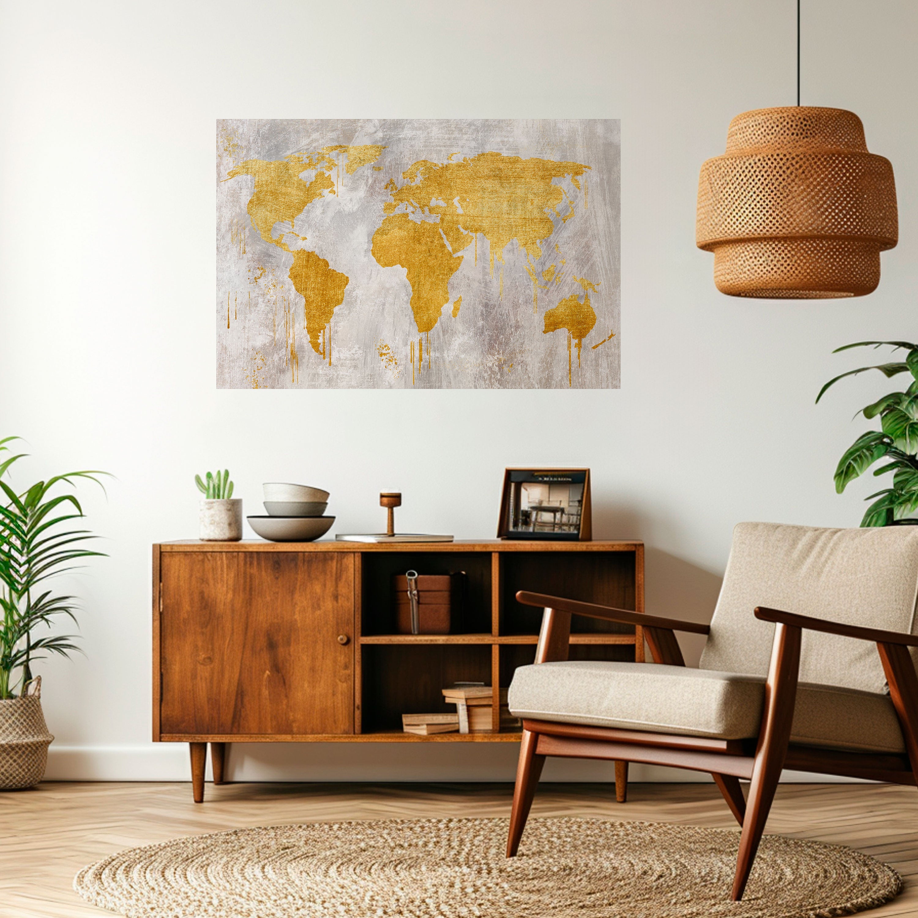Affiche horizontale autocollante avec carte du monde métallique