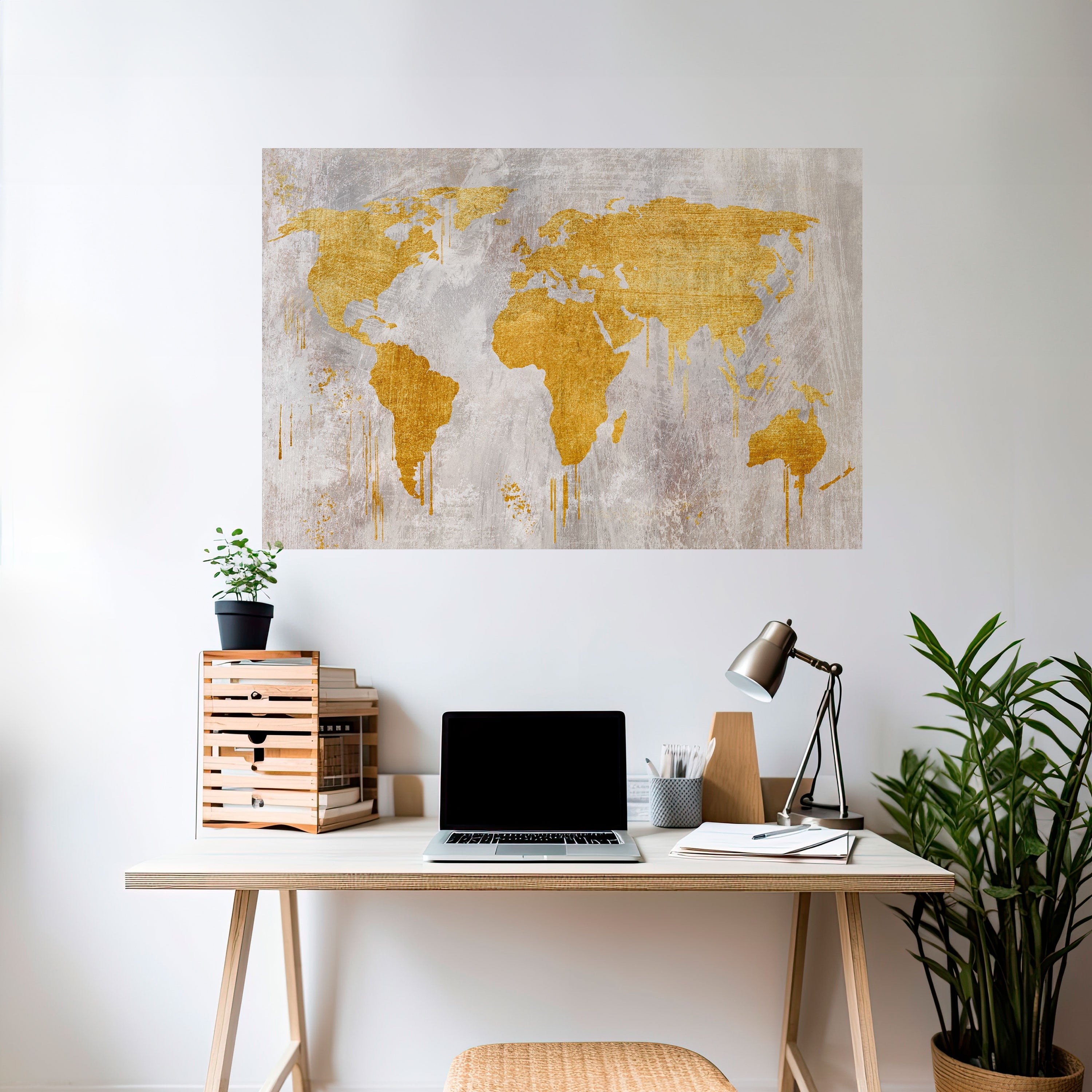 Affiche horizontale autocollante avec carte du monde métallique