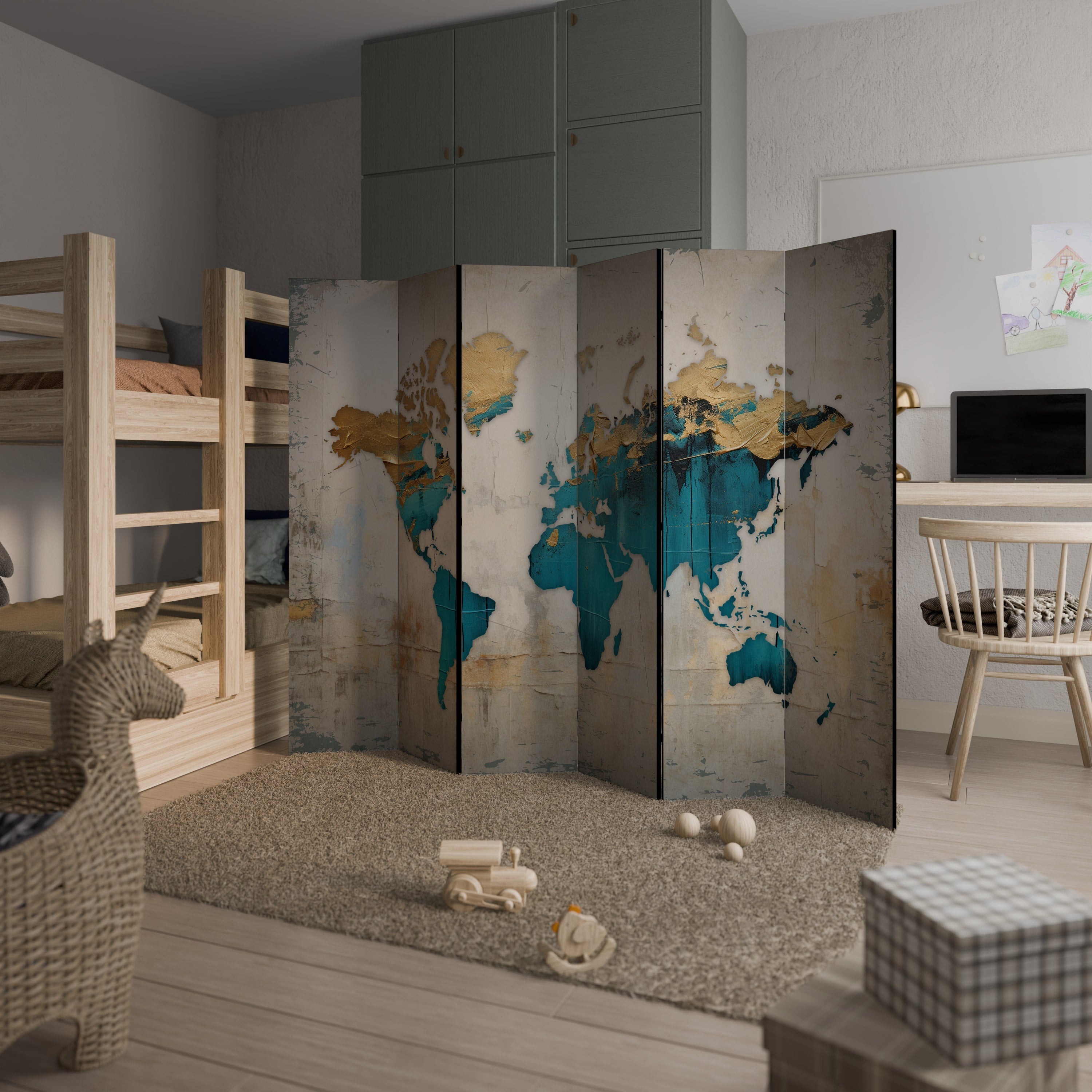 Paravent décoratif à 6 panneaux CARTE DORÉE AZURE
