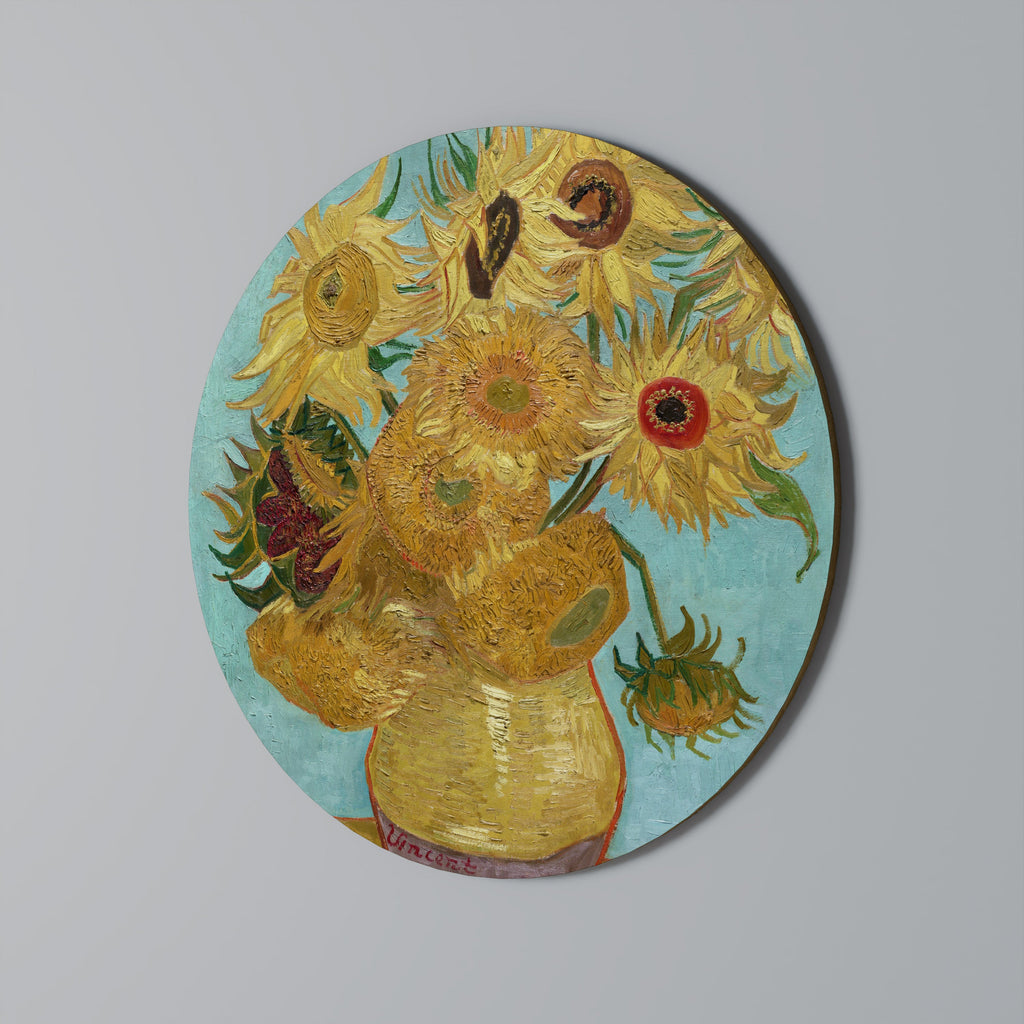 Vase avec douze tournesols, décoration murale ronde