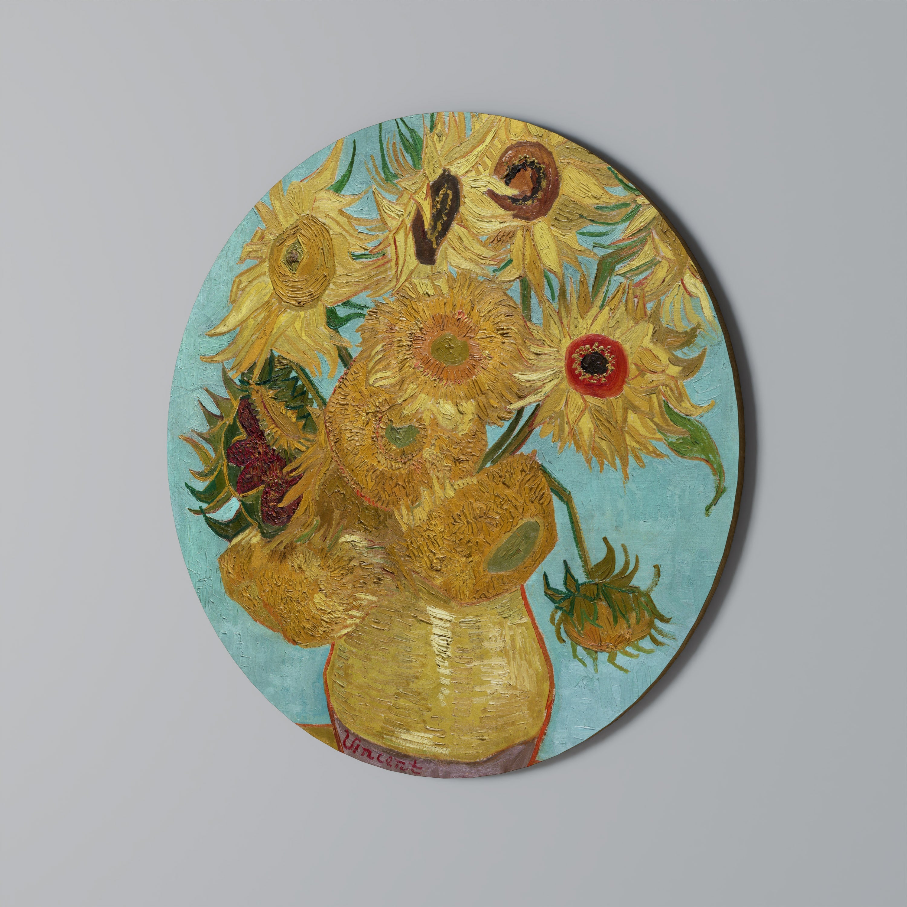 Vase avec douze tournesols, décoration murale ronde