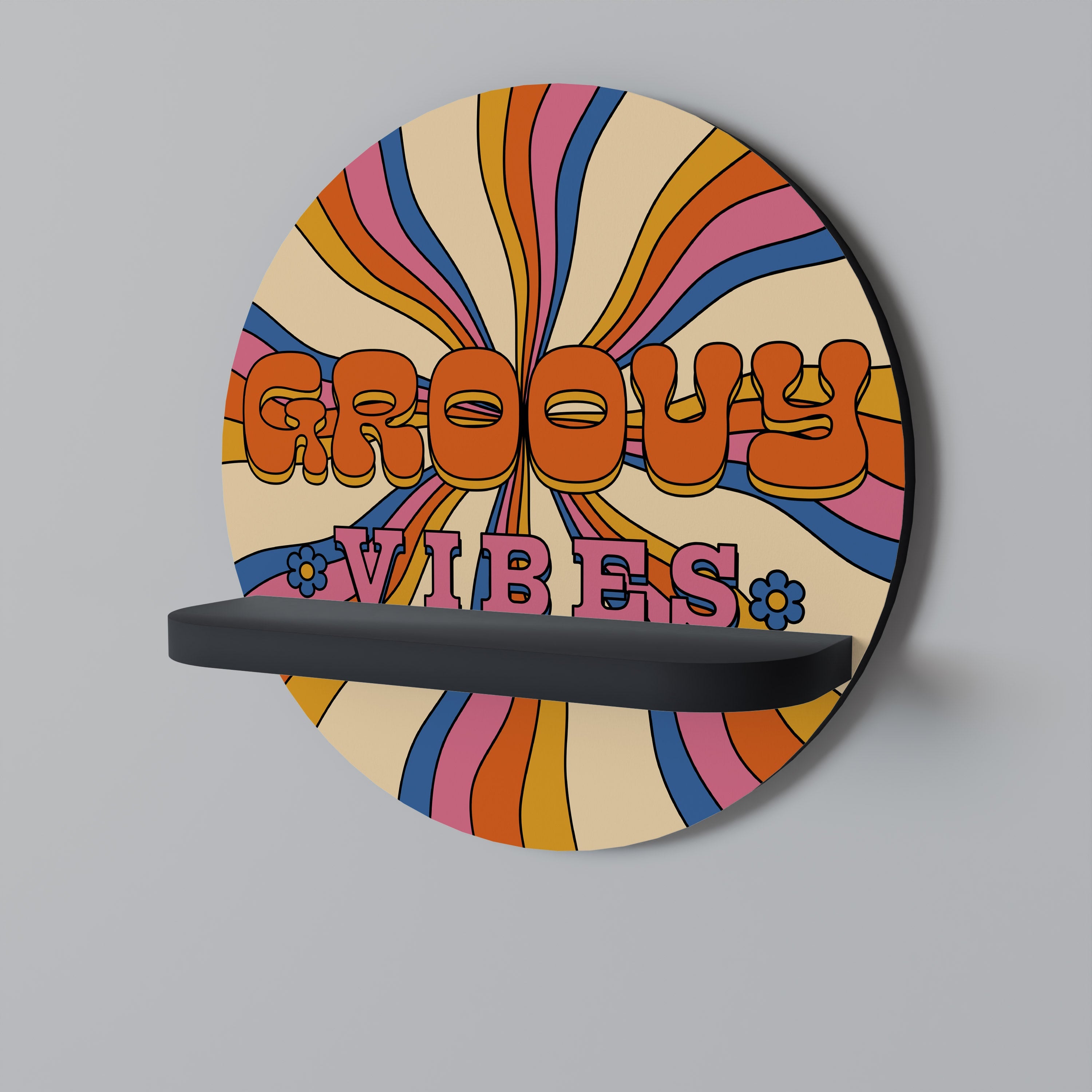RADIANT GROOVY VIBES Round Art Shelf In Black Finish